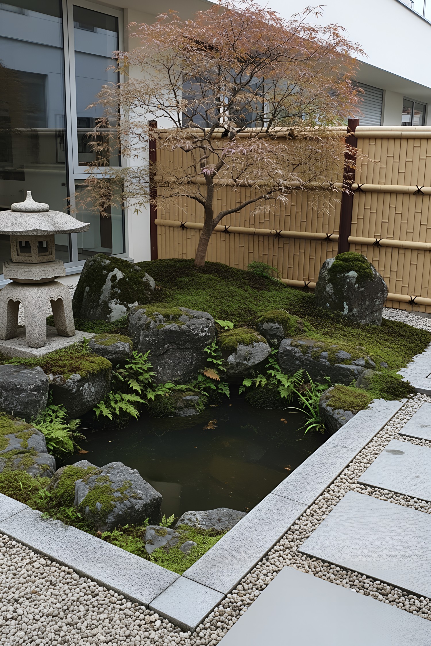 Small Japanese garden with pond, stone lantern, and maple tree