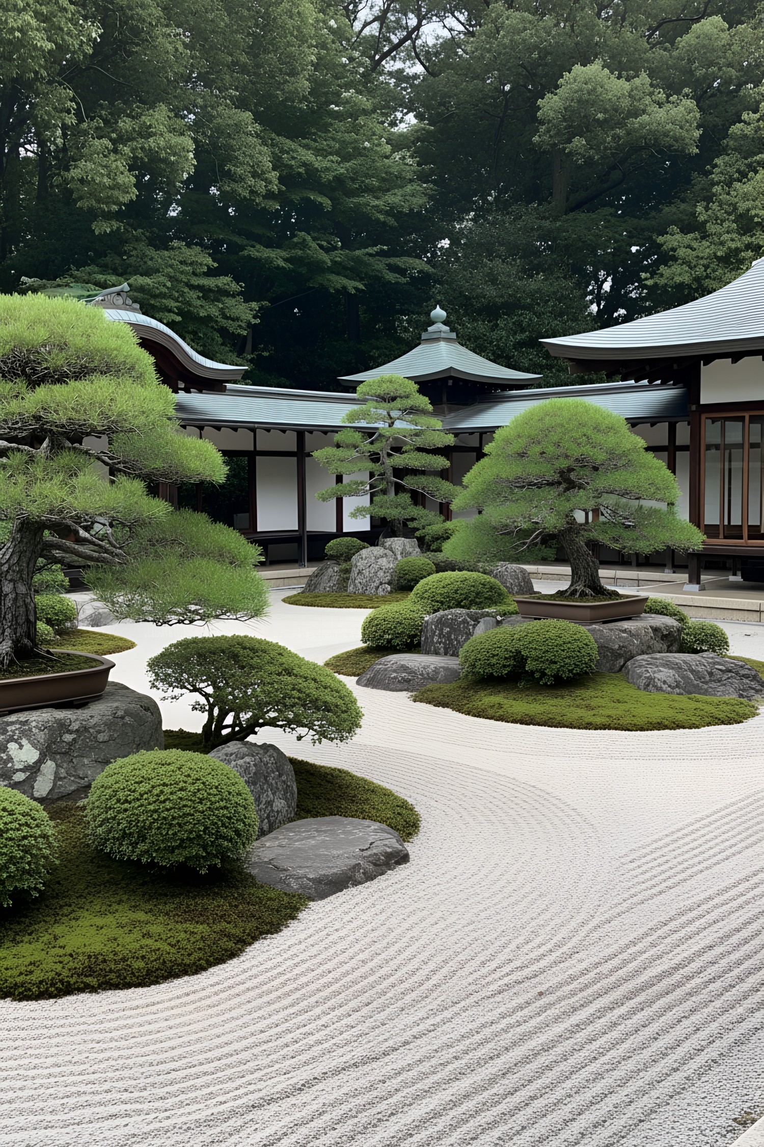 Small Japanese garden with raked gravel, moss, and bonsai trees
