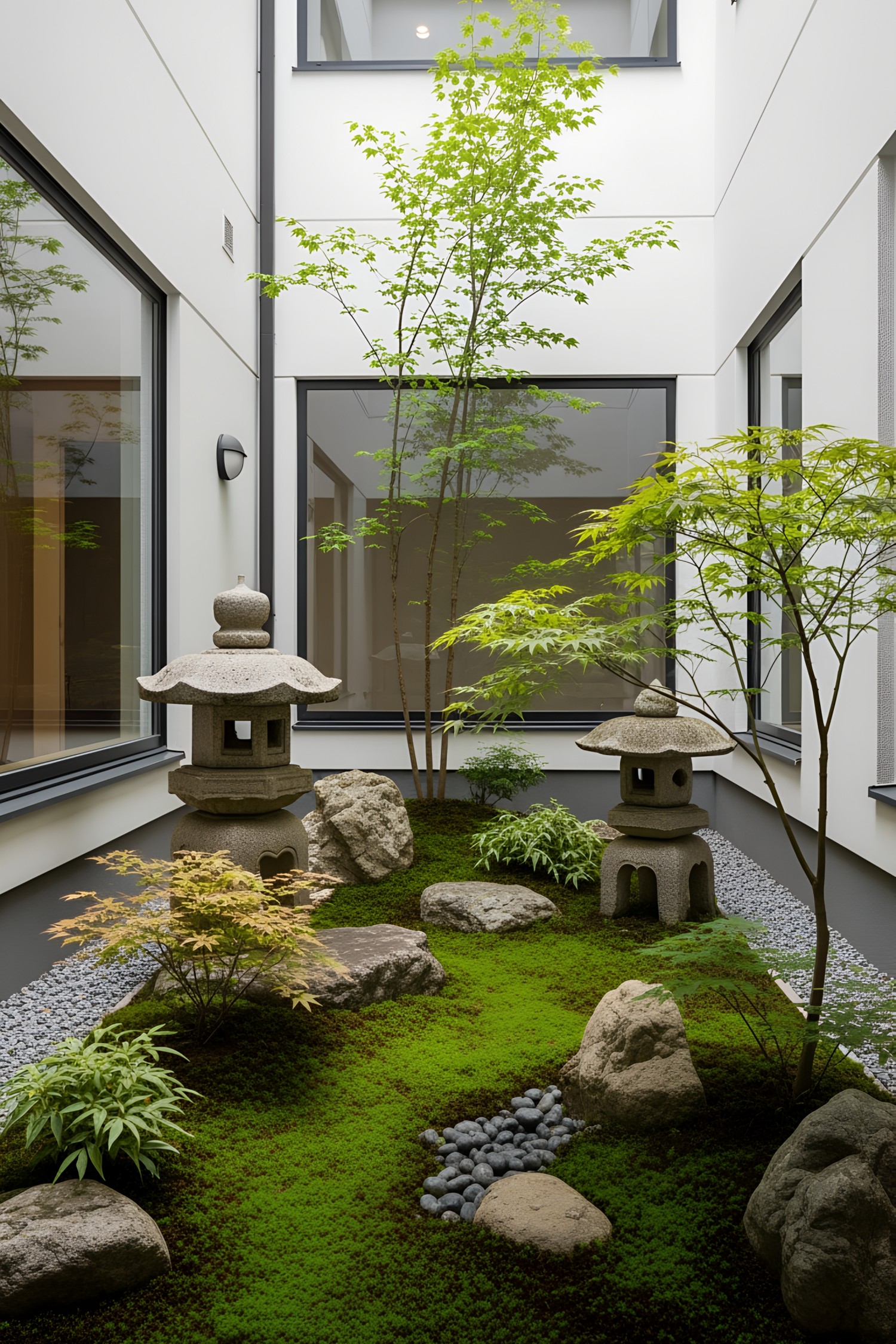 Compact Japanese garden with stone lanterns and vibrant greenery