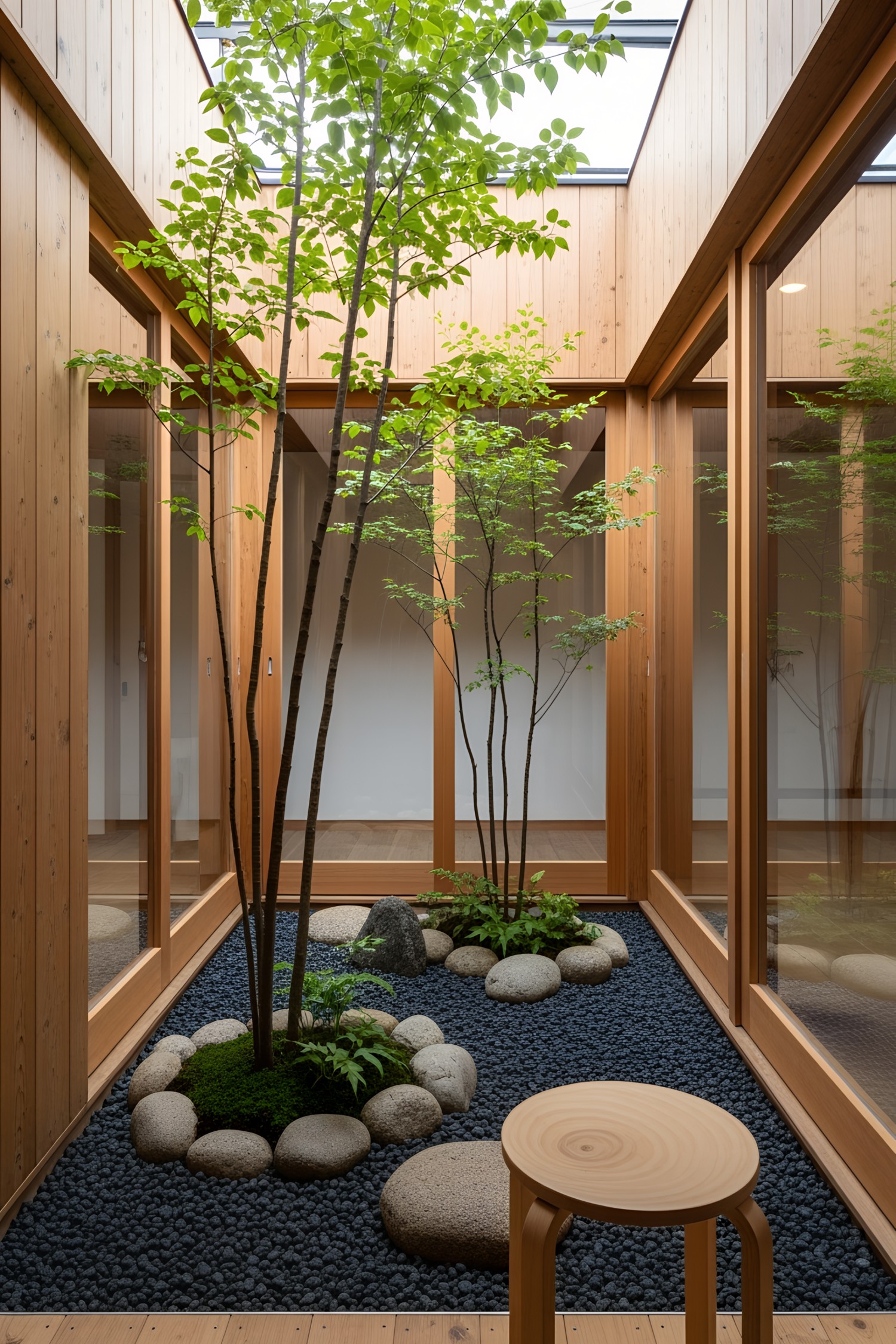 A small Japanese garden with trees and stones