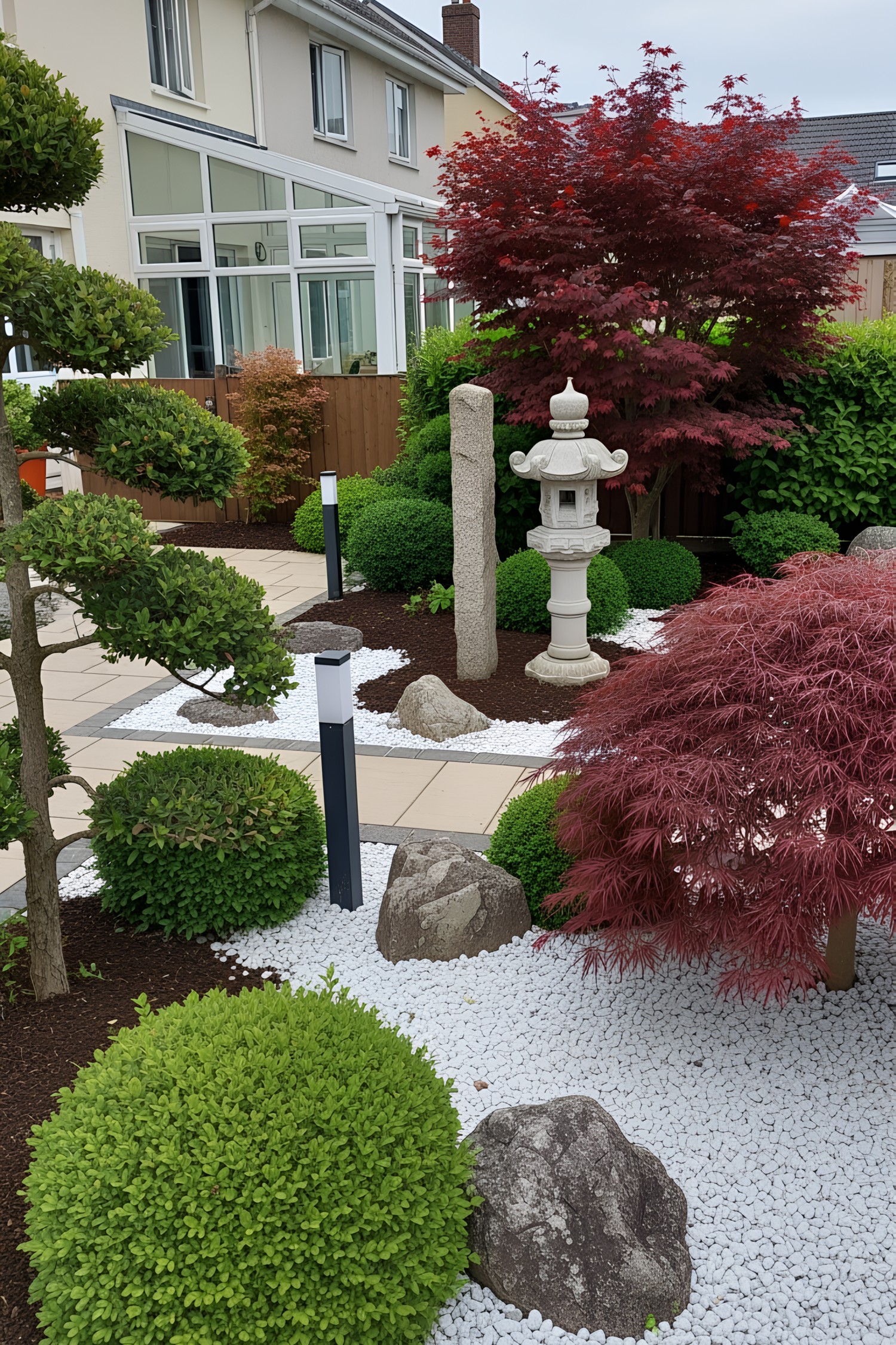 Japanese garden with stone lantern and vibrant foliage