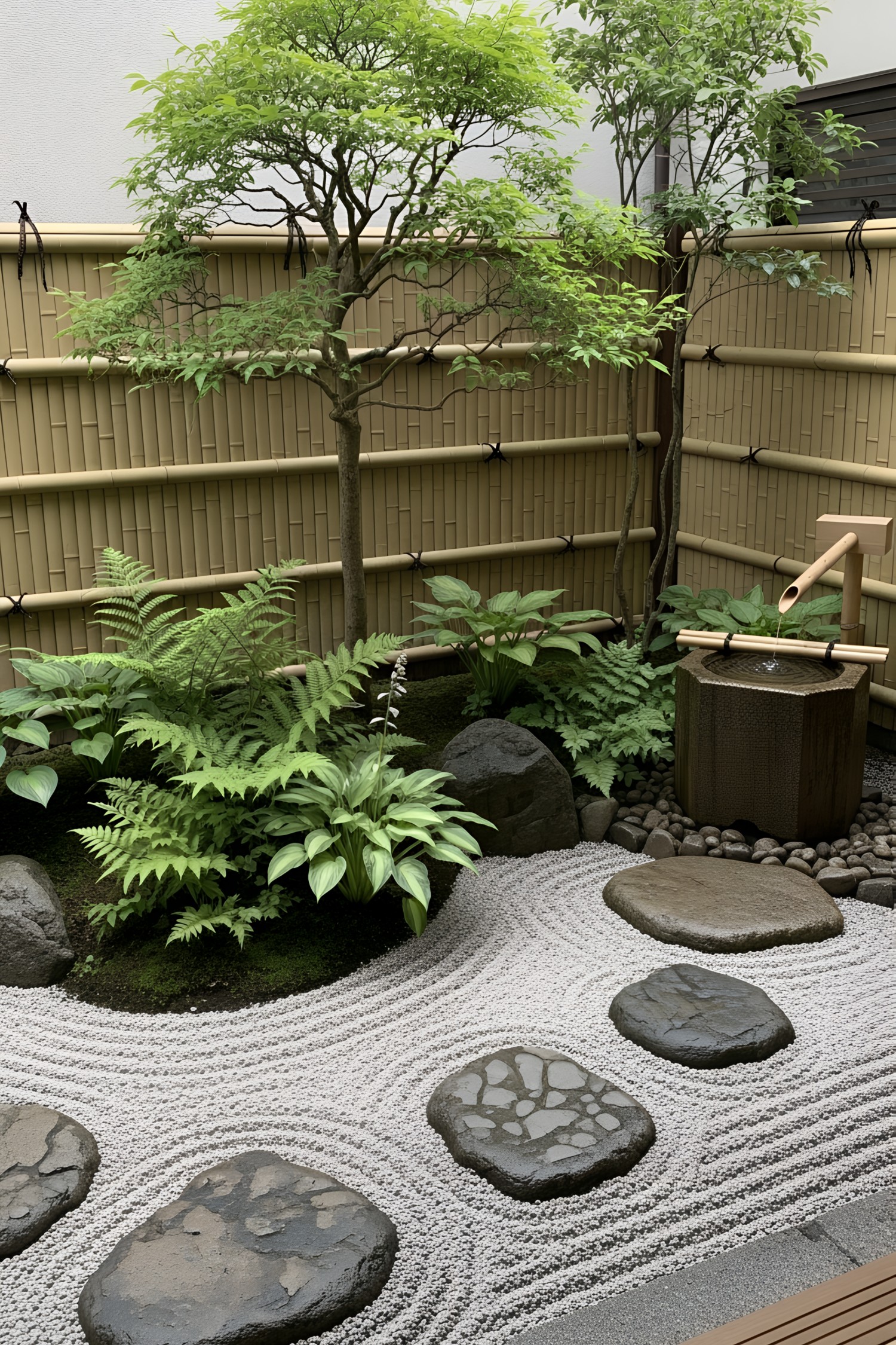 Japanese garden with raked gravel, stones, and lush greenery