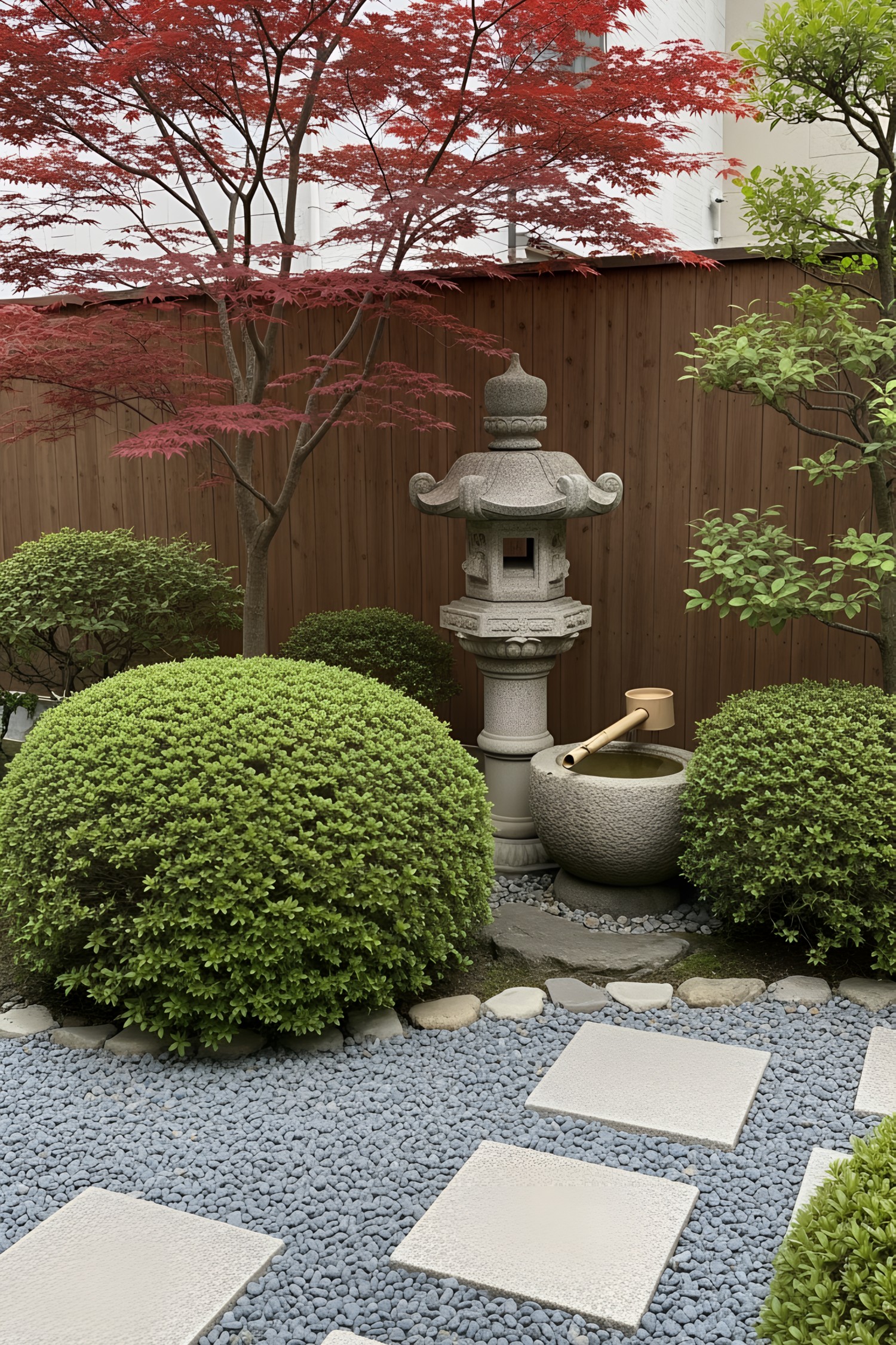 Japanese garden with stone lantern, bamboo water feature, and lush foliage