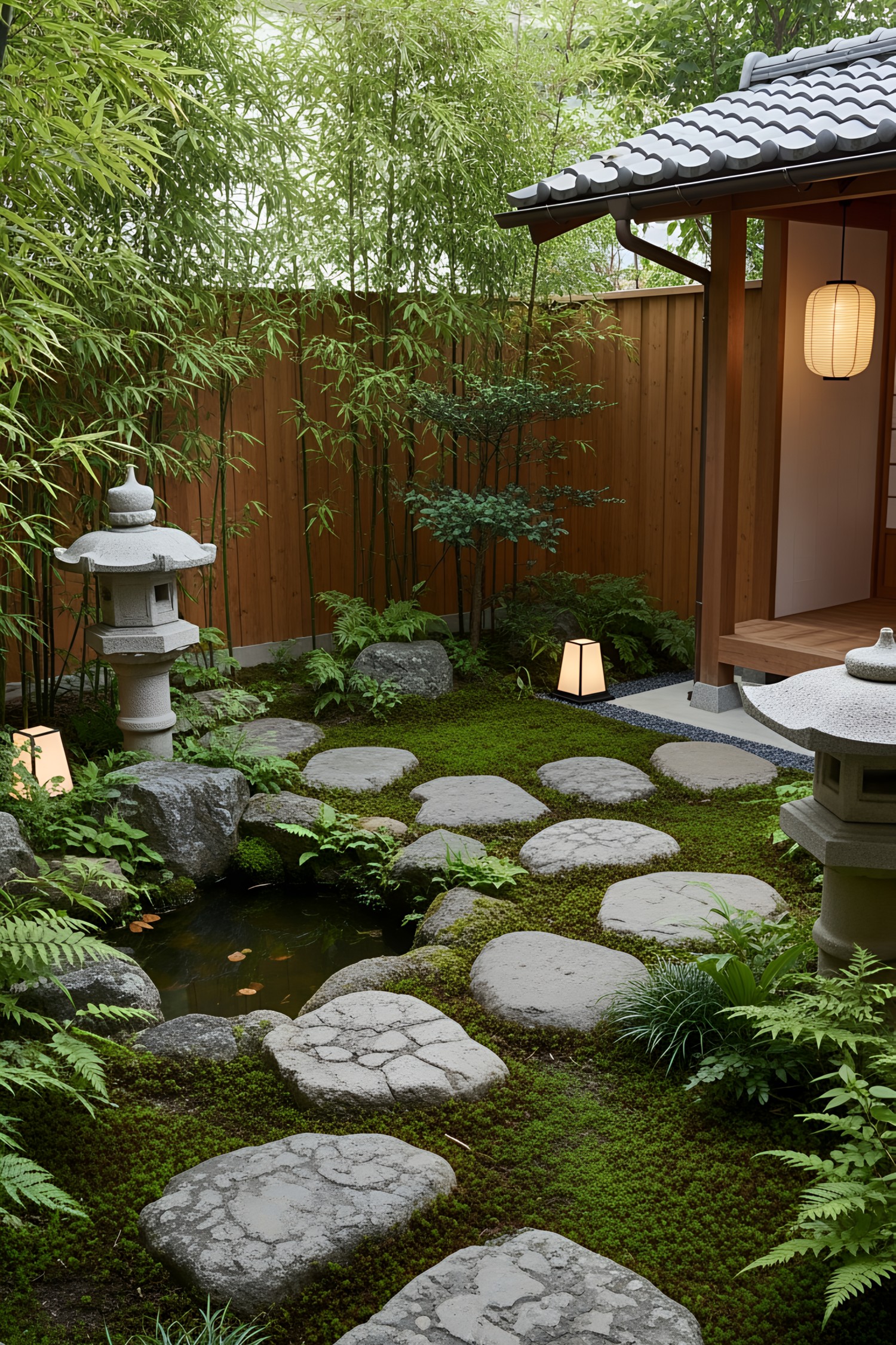Traditional Japanese garden with stone path and bamboo