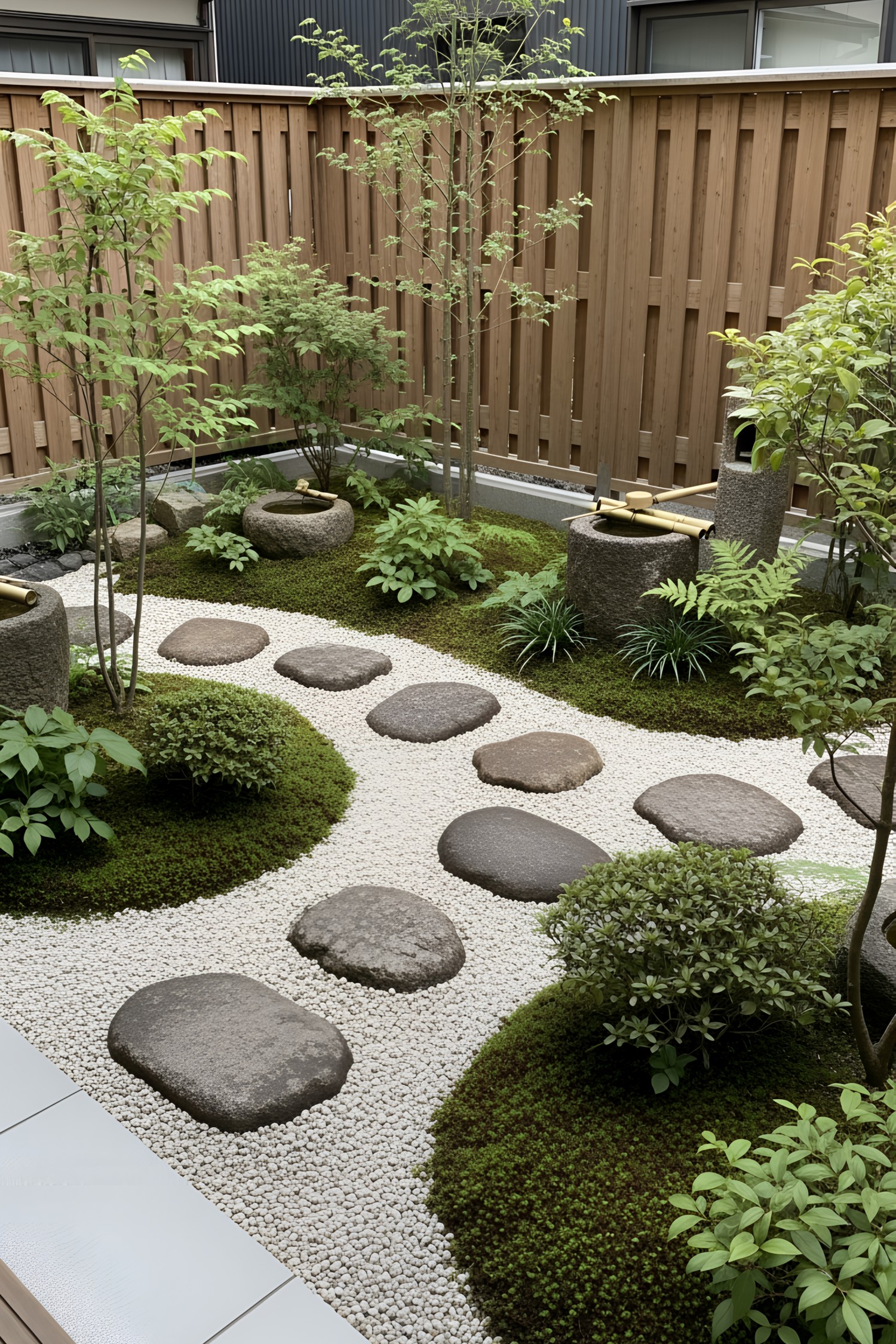 Small Japanese garden with stepping stones and lush greenery