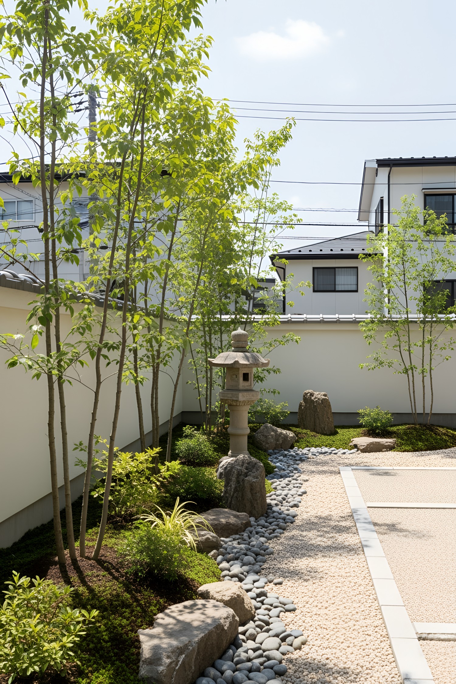 Small Japanese garden with greenery and stone lantern