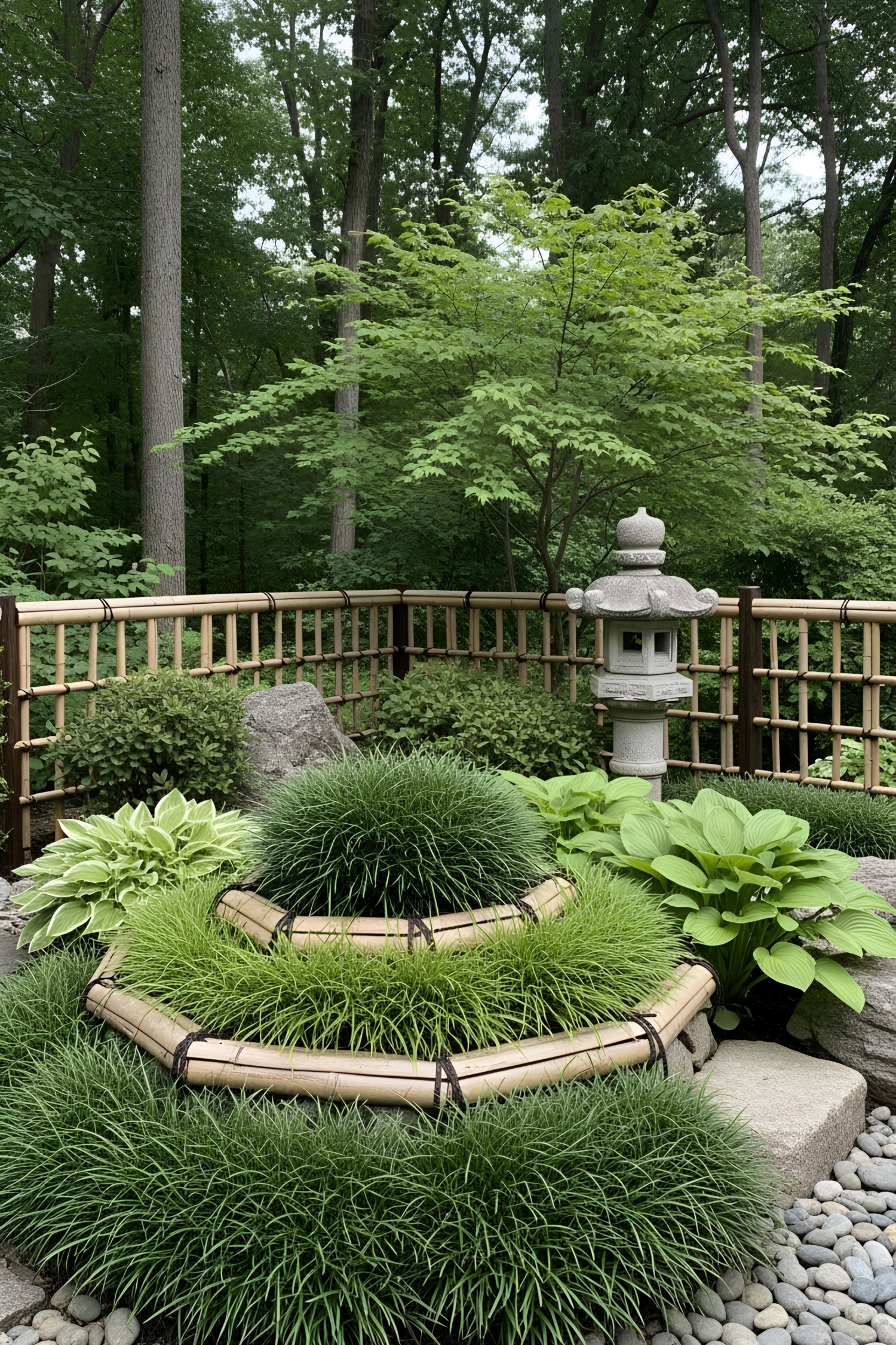 Small Japanese garden with lush greenery and stone lantern
