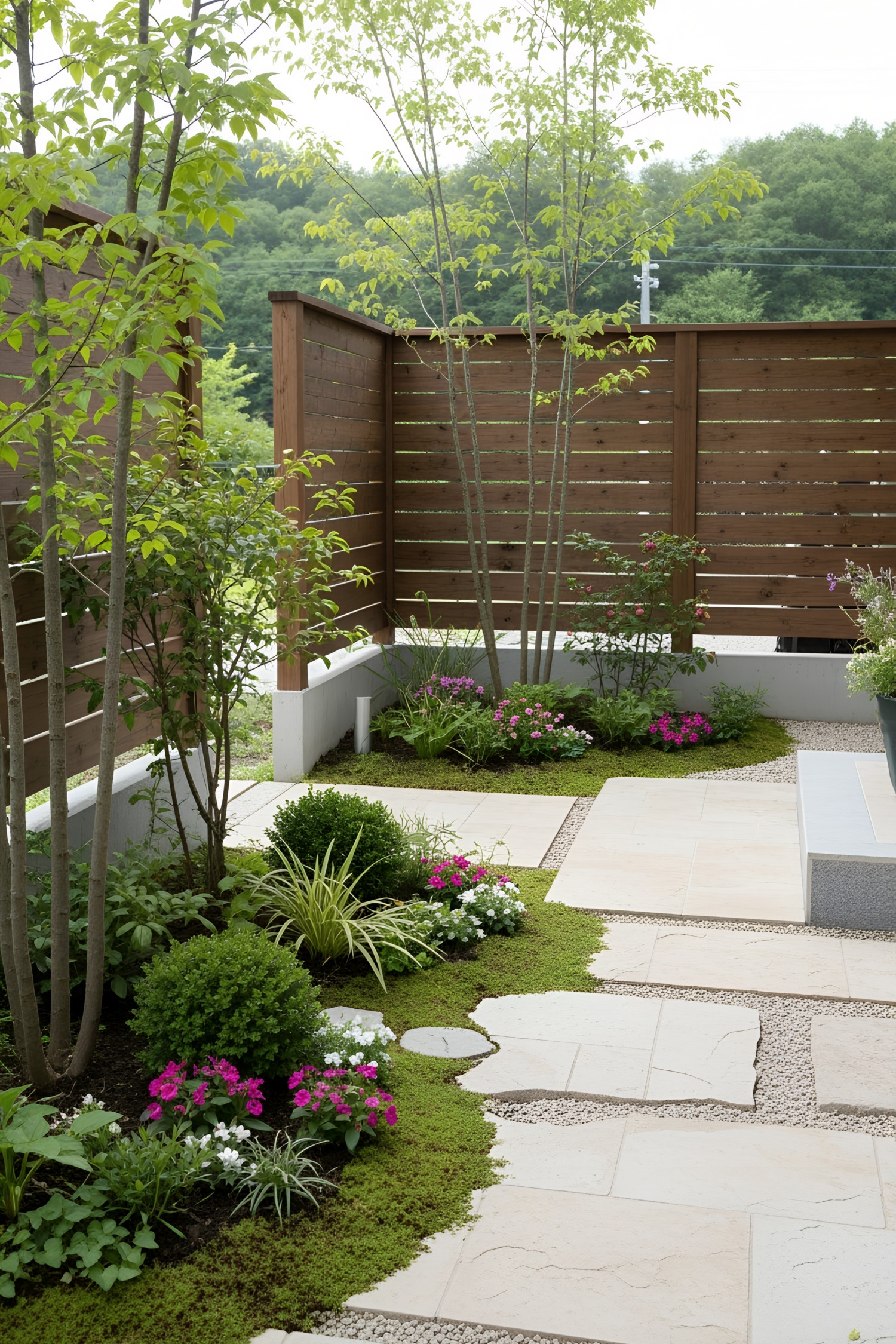 Small Japanese garden with wooden screen and stone path