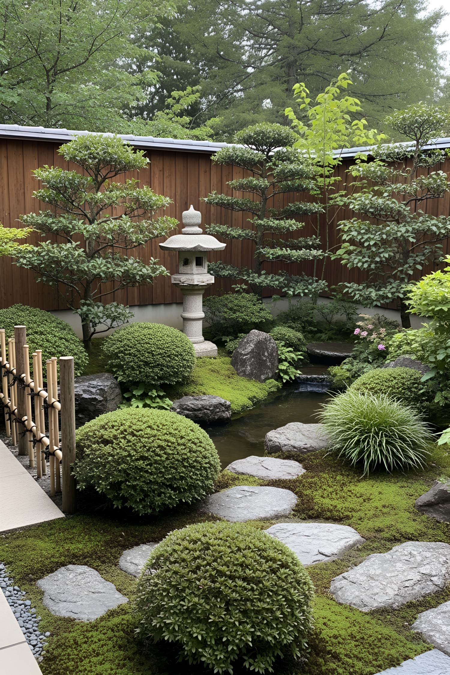 Japanese garden with stone lantern, shrubs, and stepping stones
