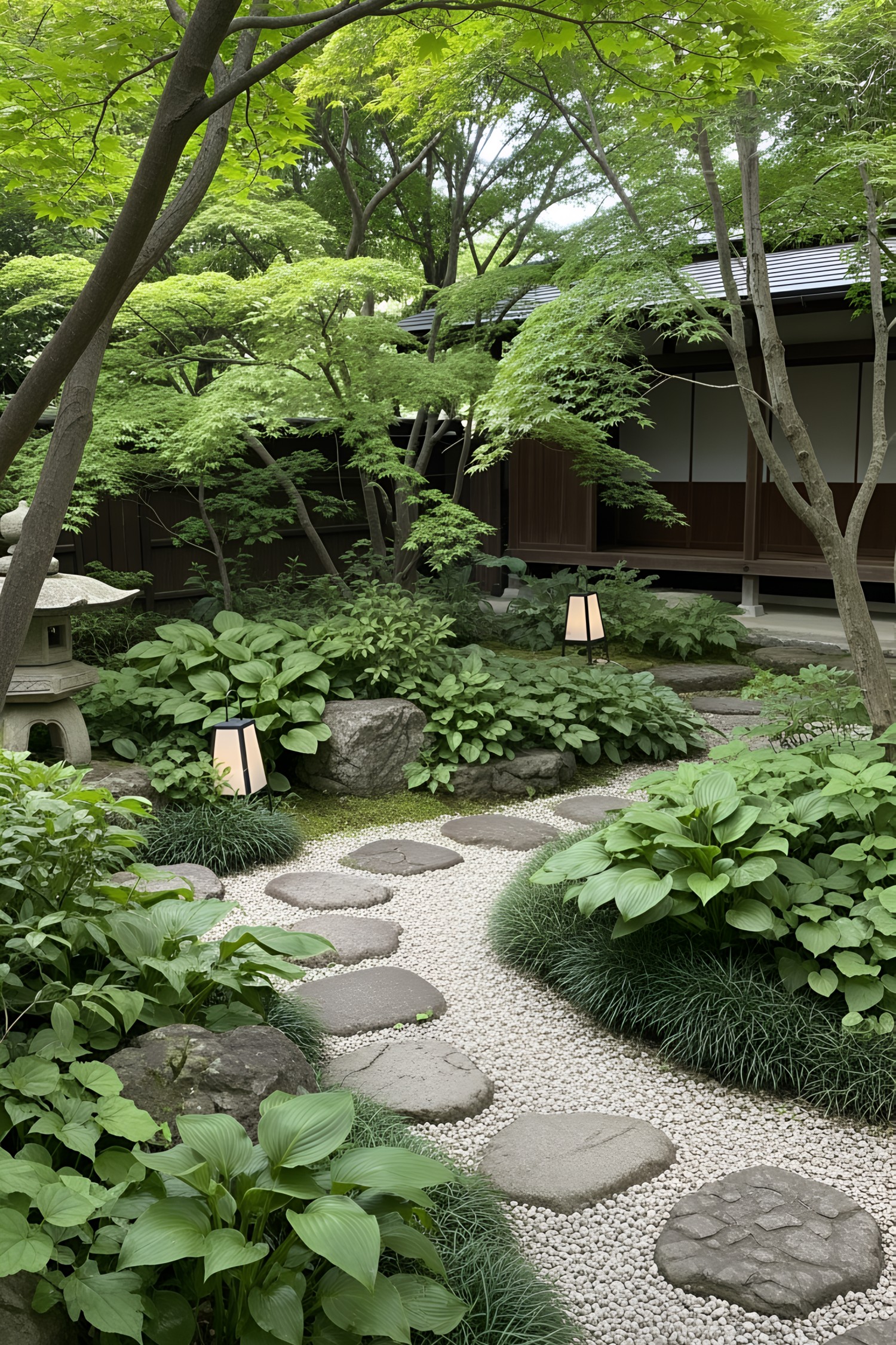 A peaceful Japanese garden with stone path and lush greenery