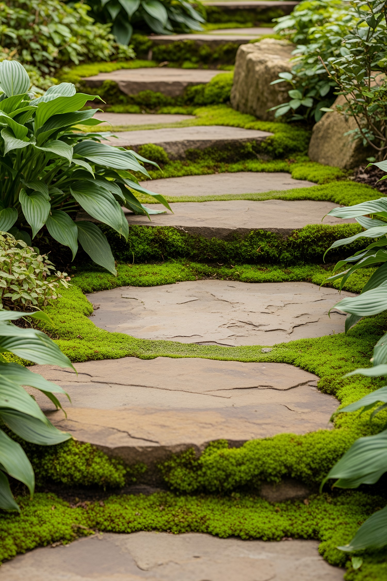Lush stone pathway with greenery