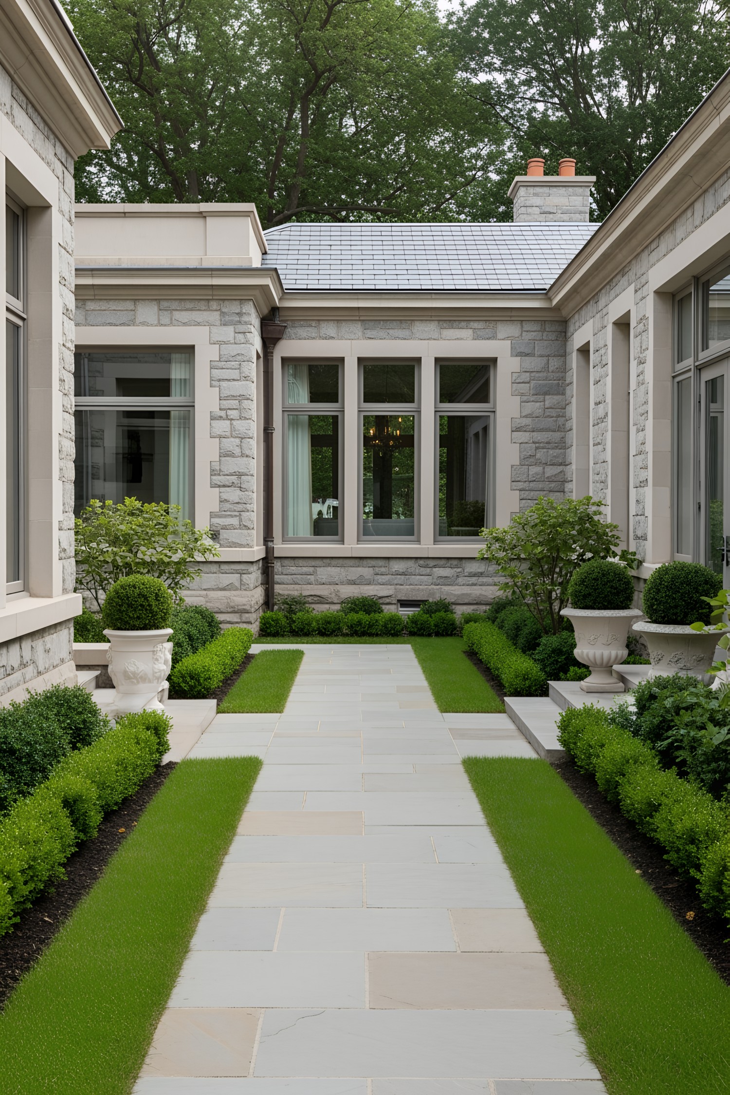 Elegant stone walkway with lush greenery on either side