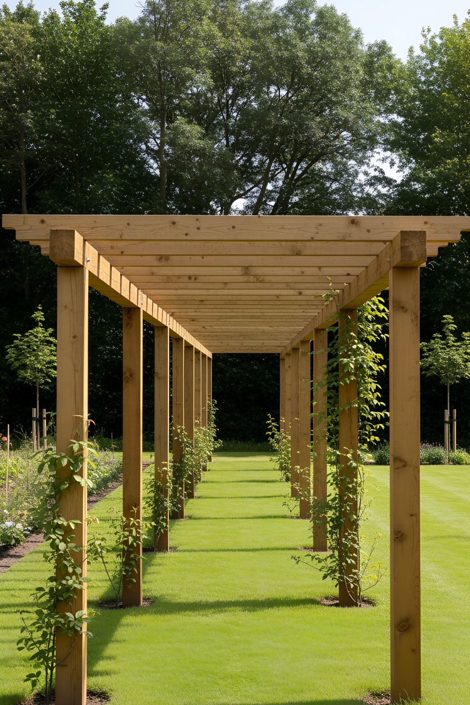 Wooden pergola lined with green grass pathways
