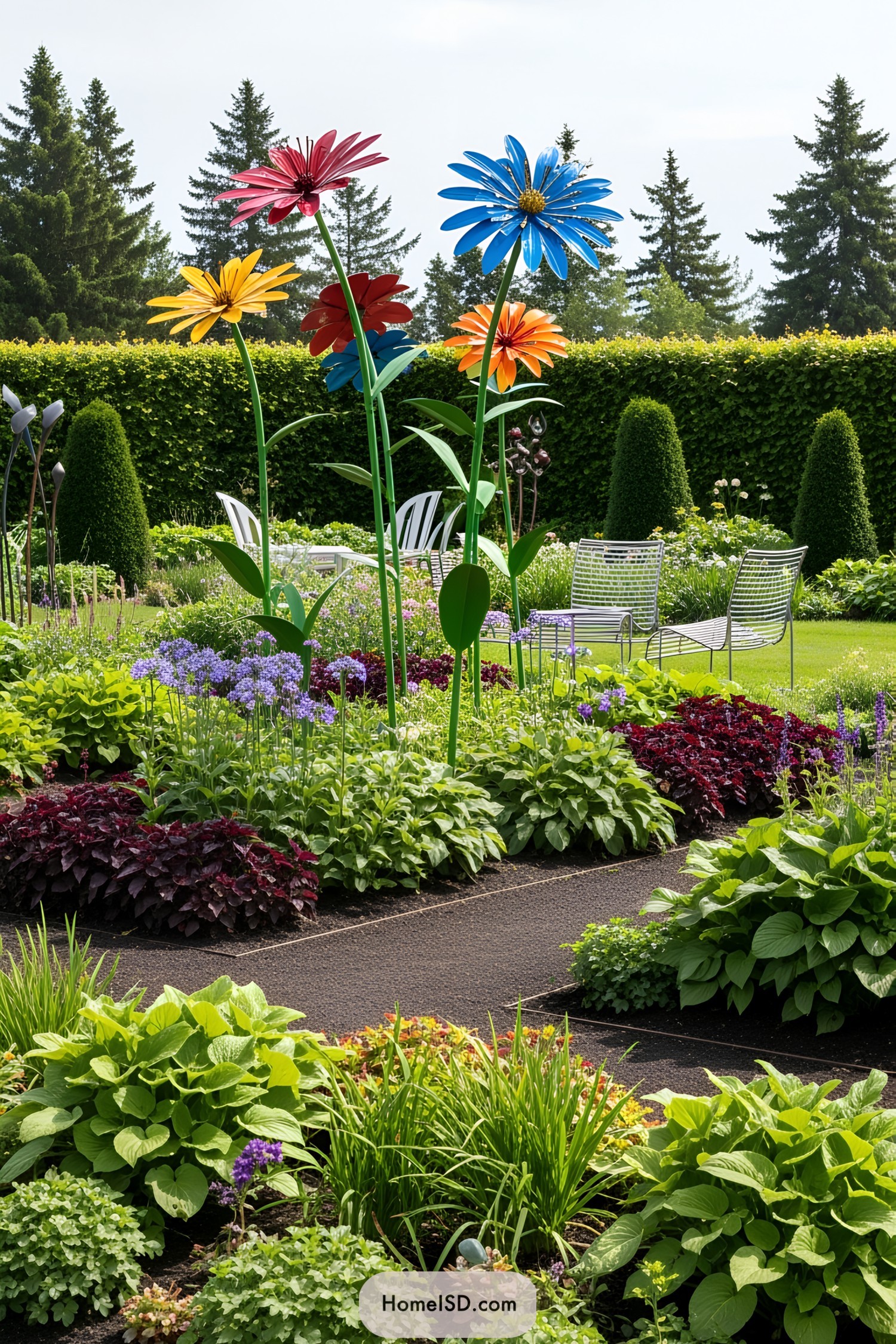 Colorful oversized flower sculptures amidst lush greenery