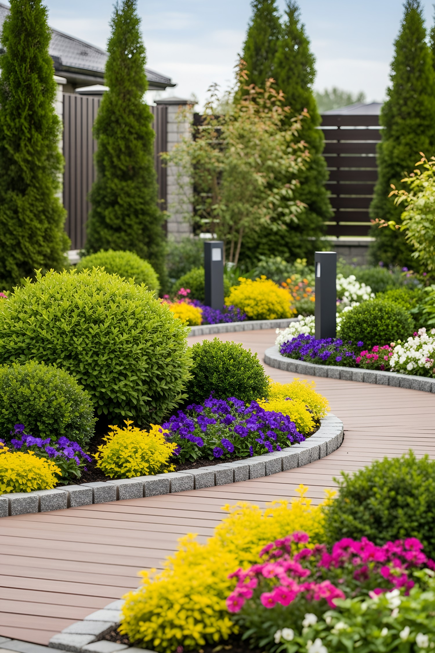 Colorful garden pathway with flowers and shrubs