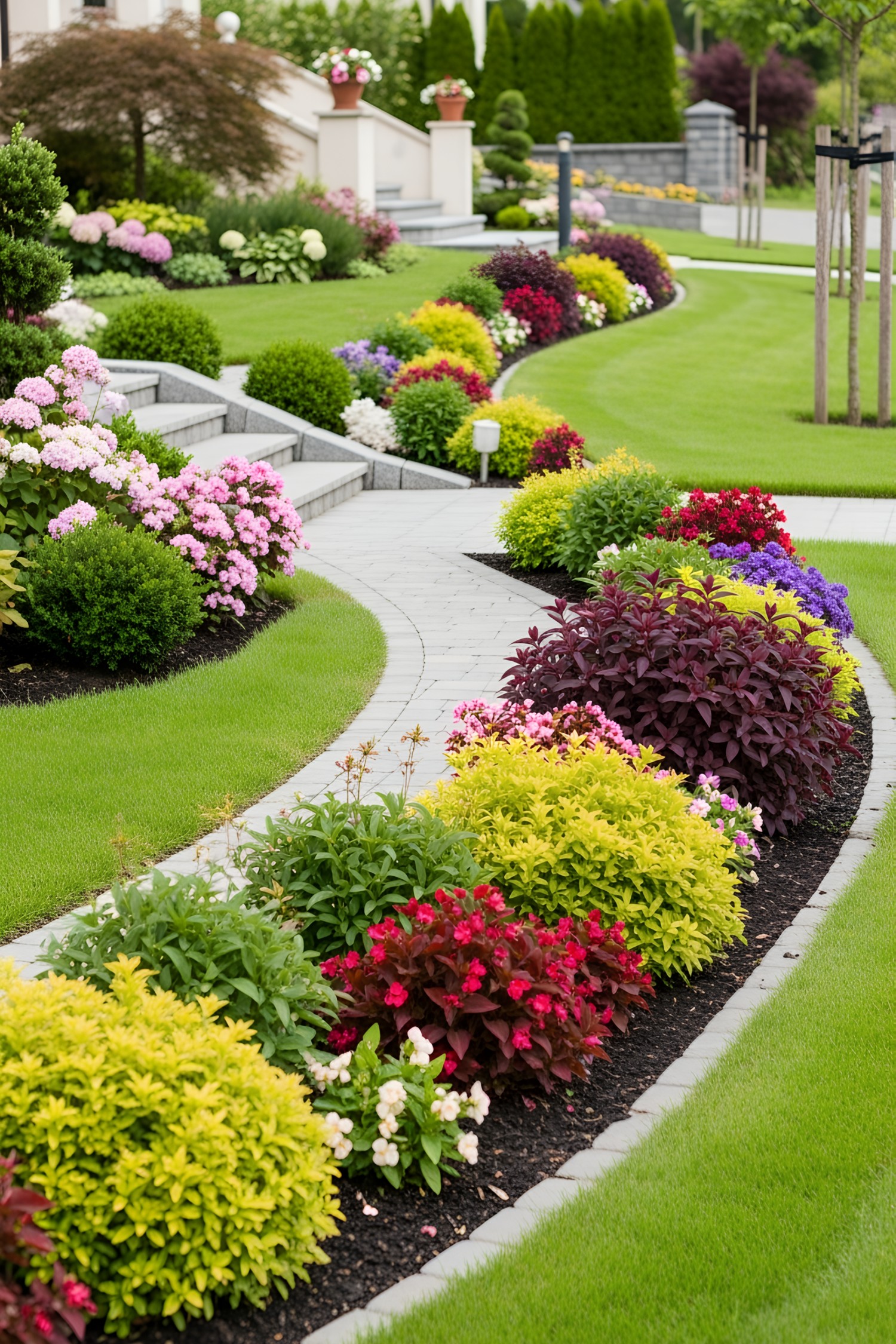 Colorful flowers and manicured bushes line a winding stone walkway