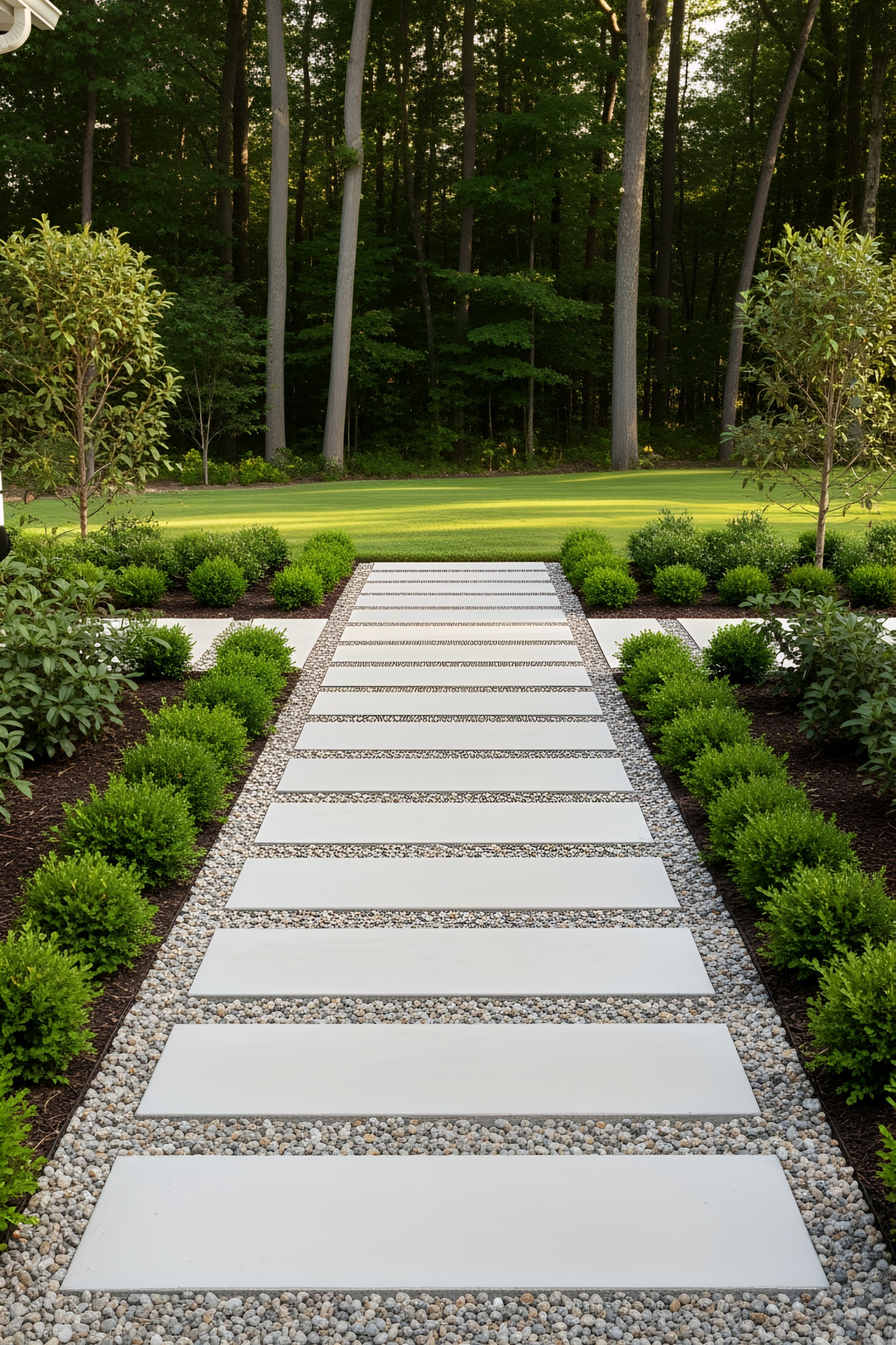 Modern garden walkway with stone slabs and lush greenery