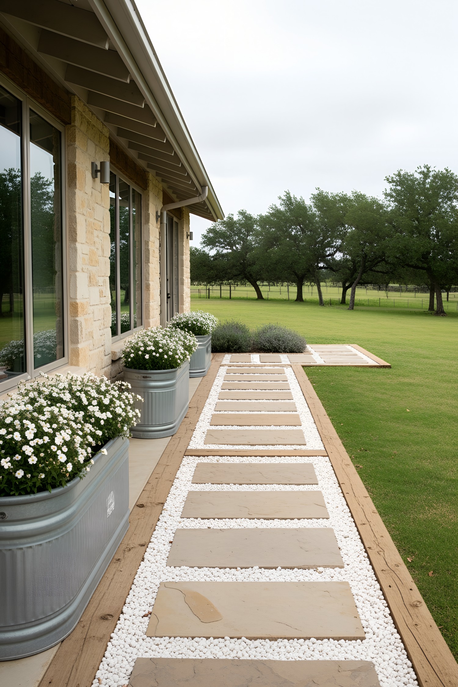 Modern walkway with stepping stones and planters