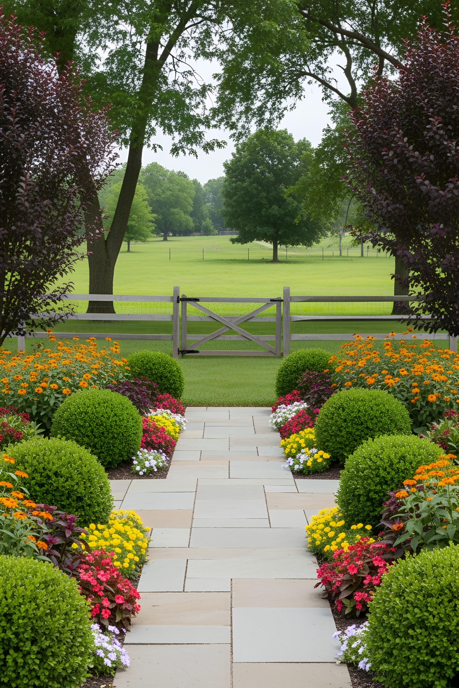 Stone walkway through a lush garden with colorful flowers and shrubs