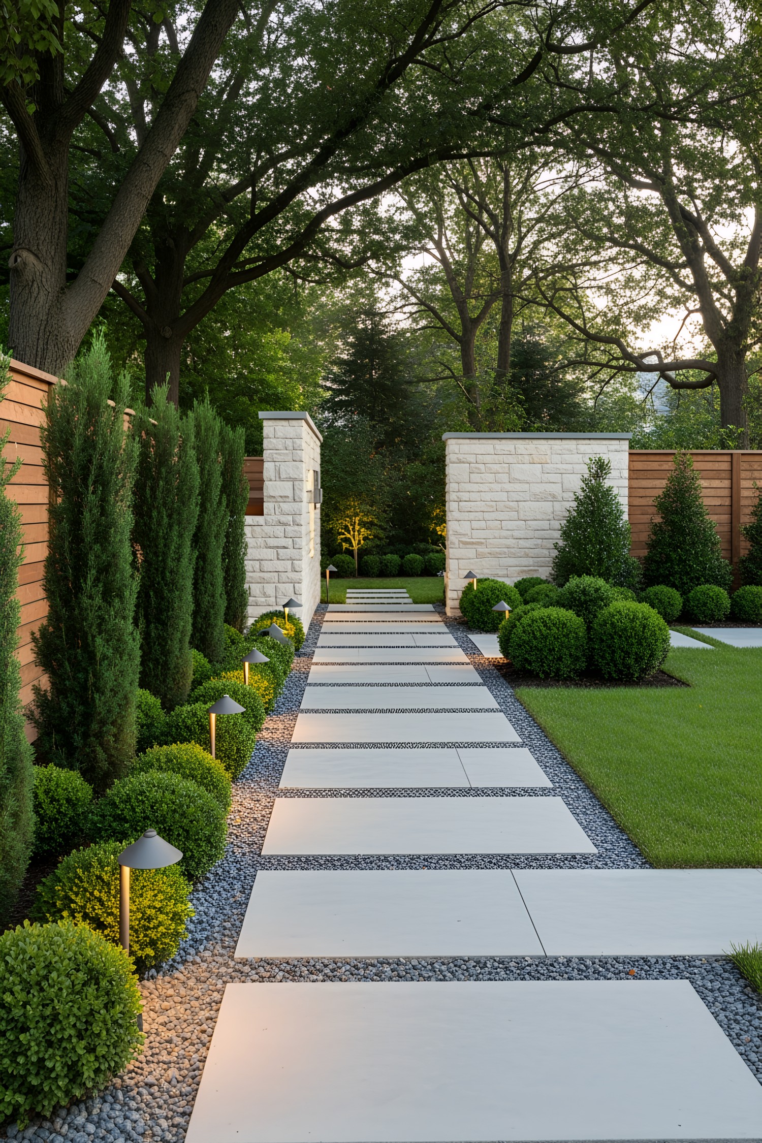 Modern garden pathway with lighting and lush greenery