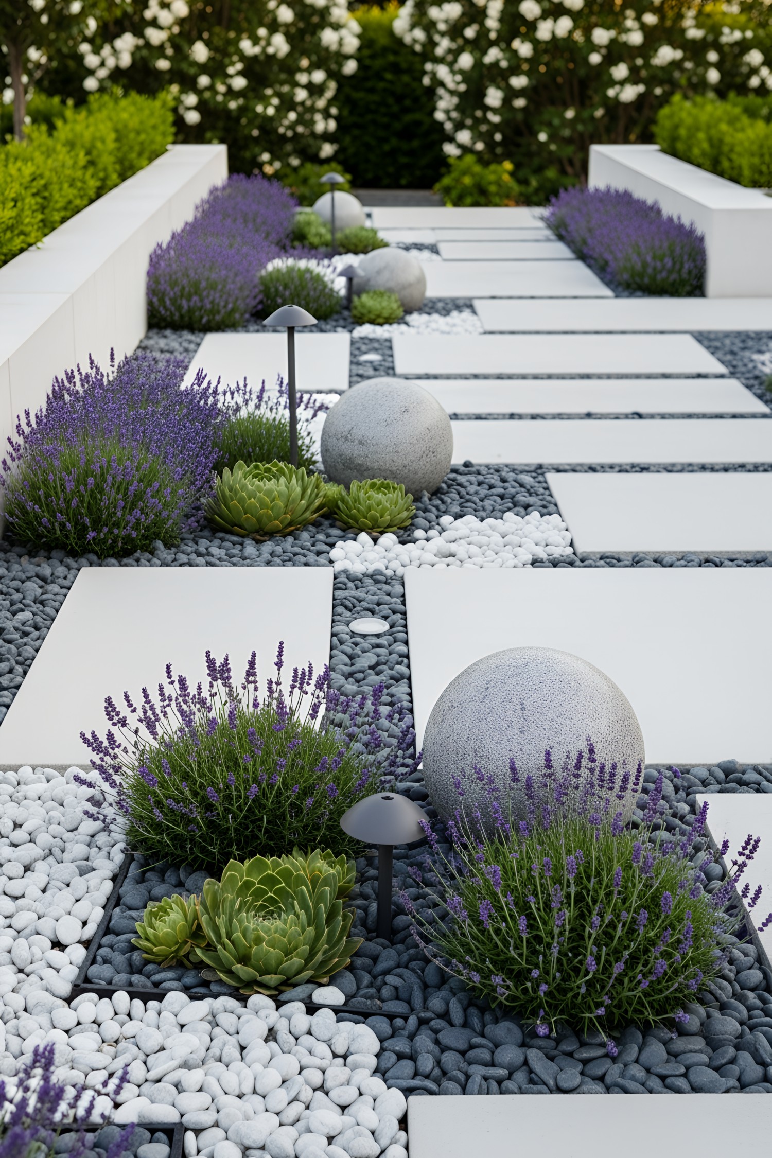 Modern walkway with geometric patterns and vibrant plants