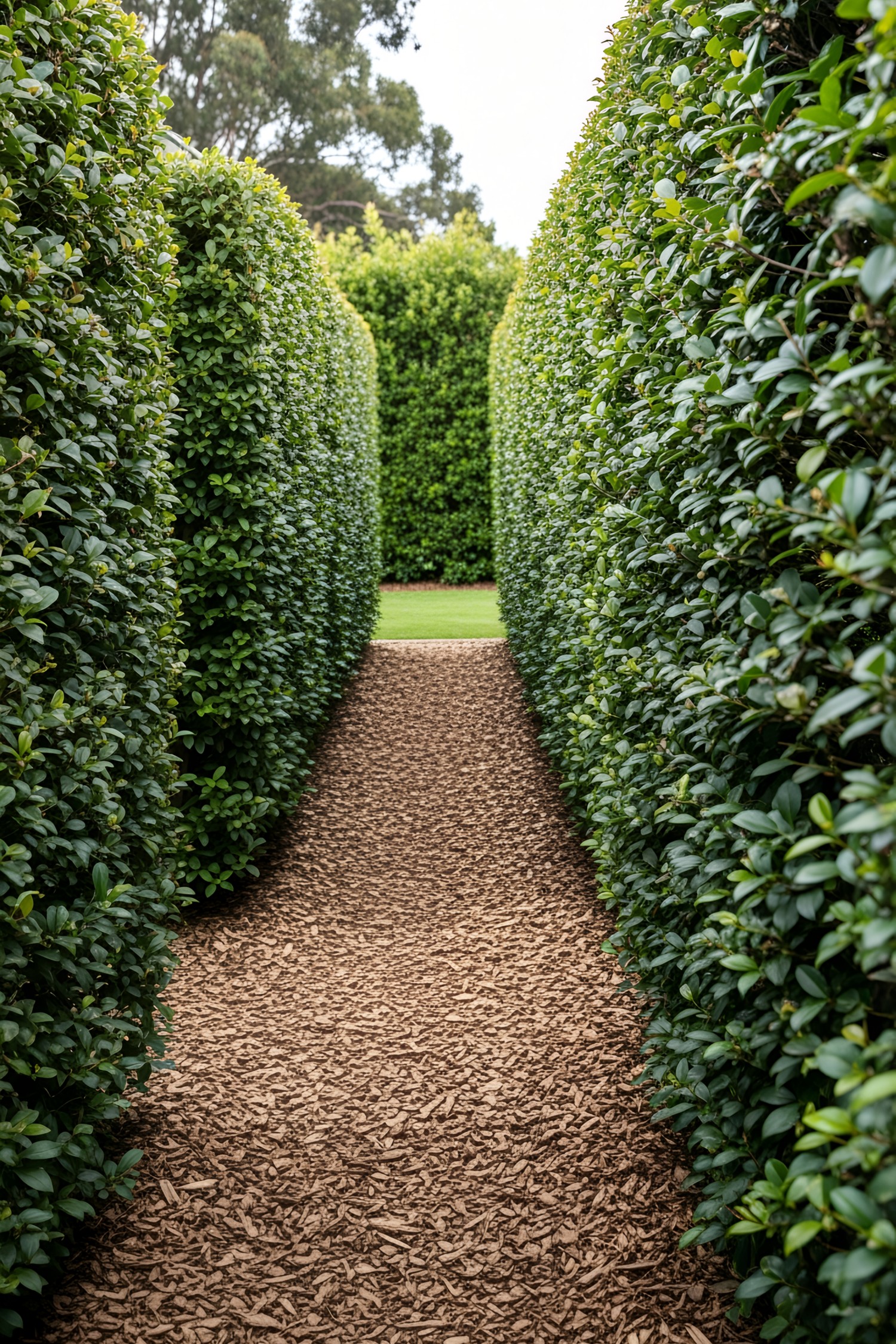 Narrow path bordered by tall green hedges