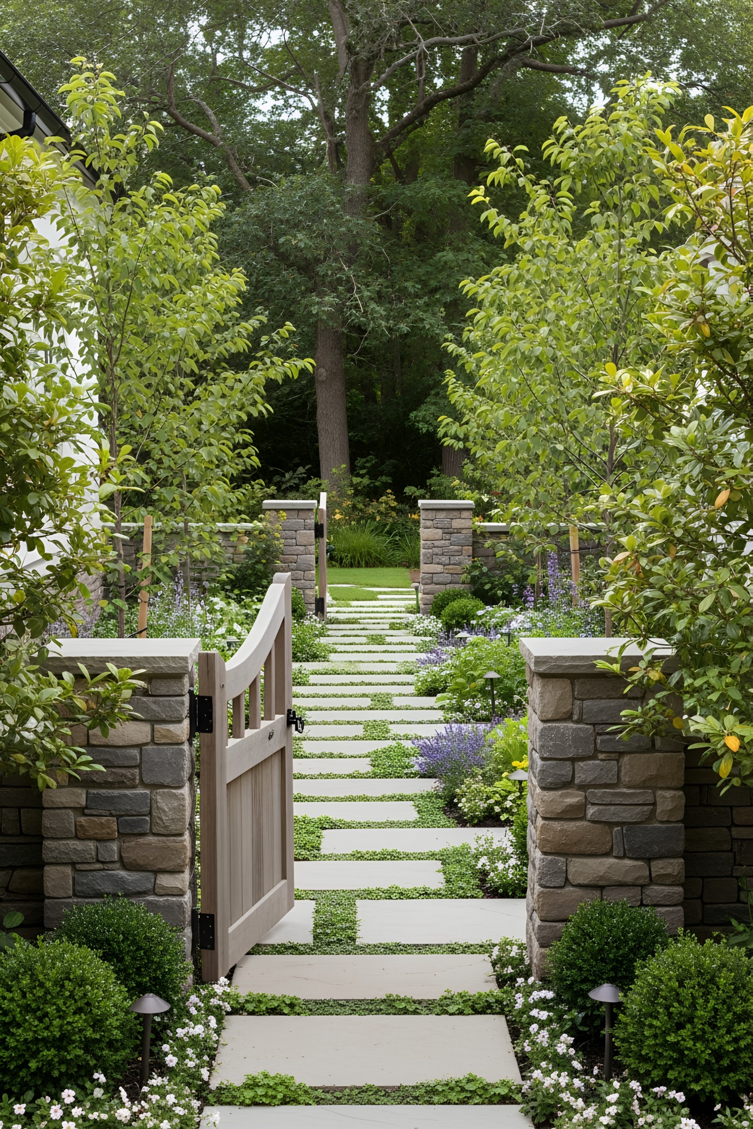 Stone pathway flanked by lush greenery and flowering plants