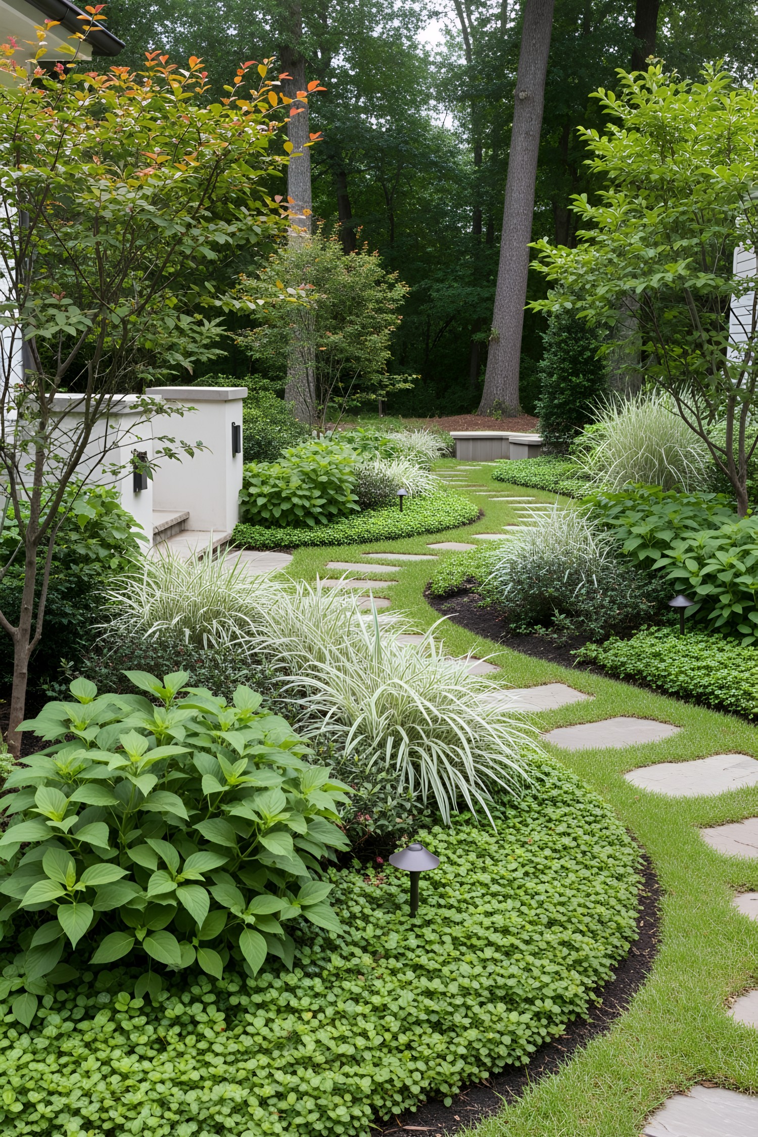 Curved stone path surrounded by lush greenery