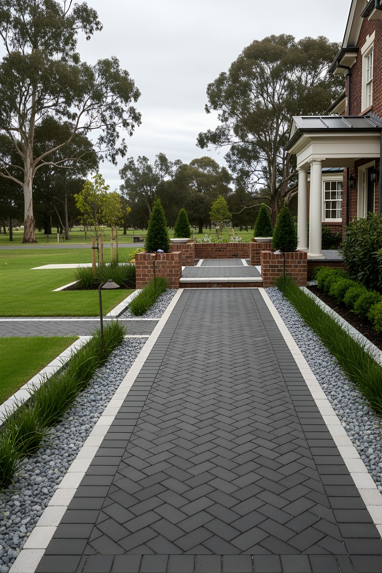 A sleek herringbone pathway with lush greenery