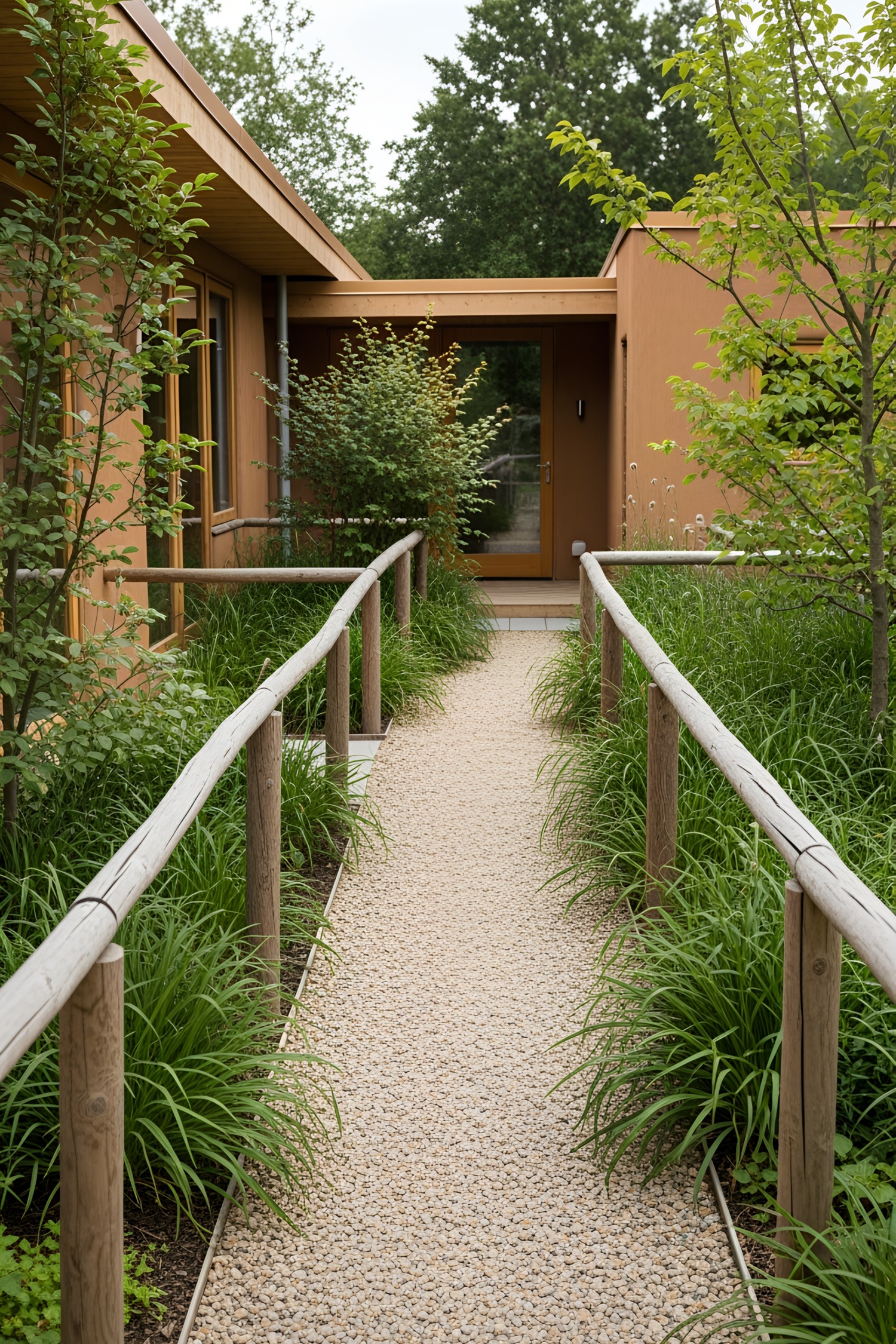 Pathway leading to a wooden door framed by lush greenery
