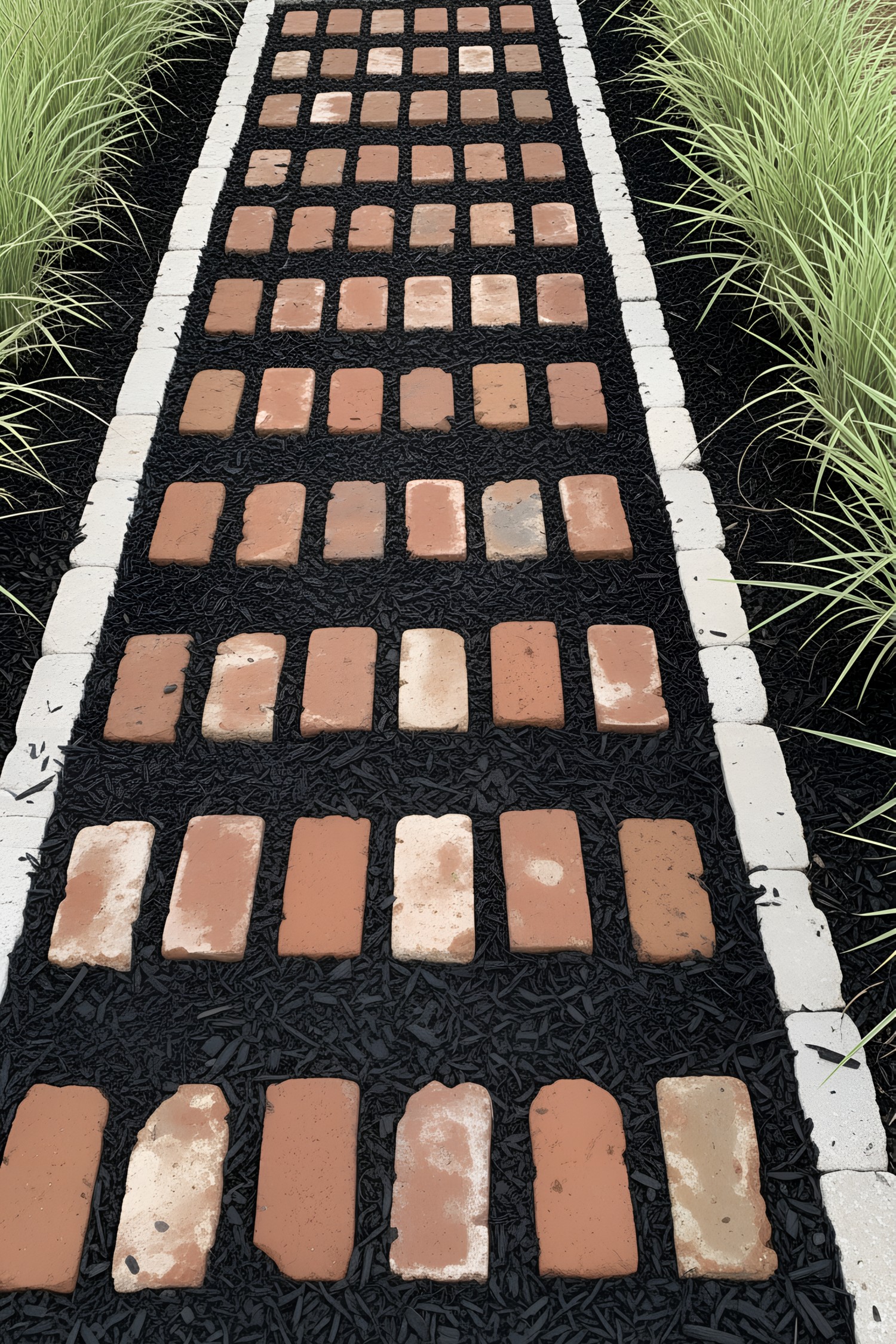 Walkway with bricks and green plants lining the path