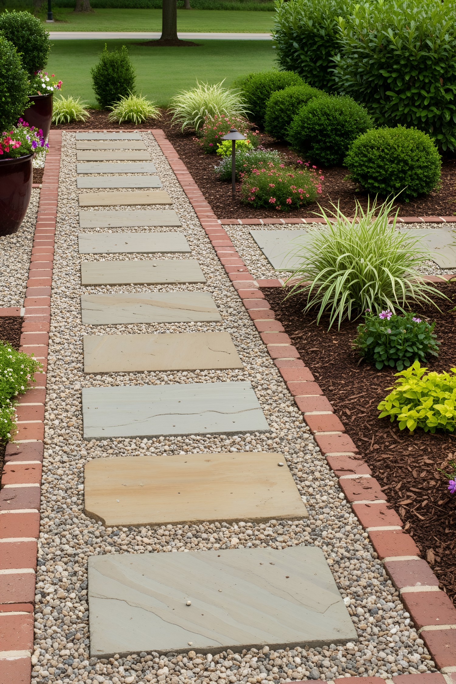 Elegant walkway bordered by lush greenery and flowers