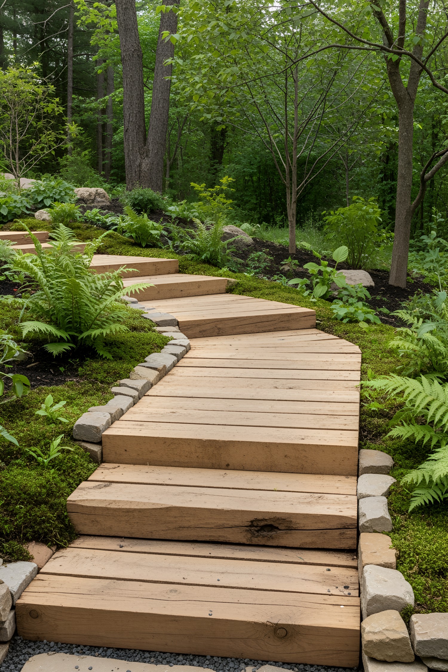 Wooden steps surrounded by lush greenery
