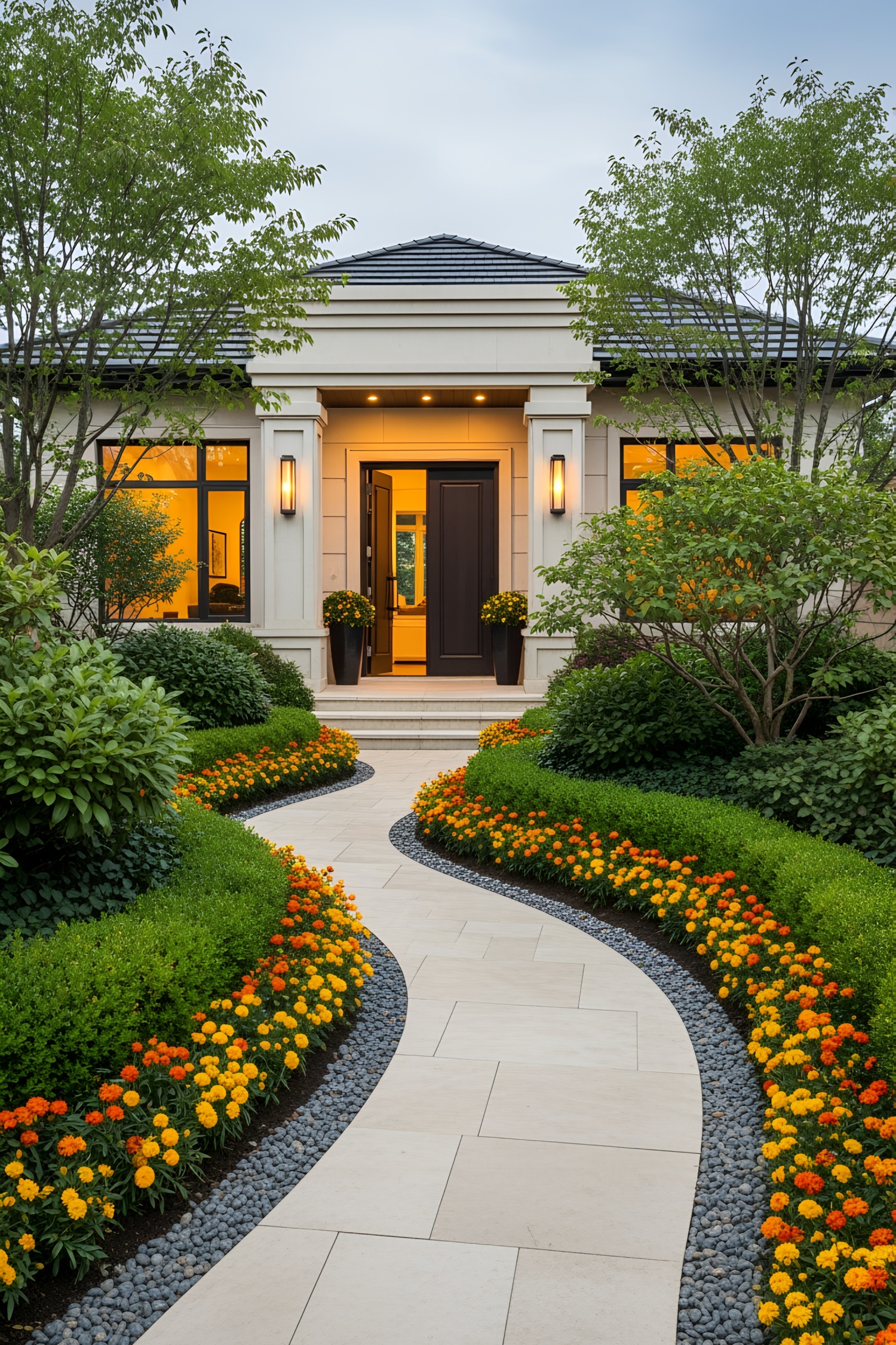 Winding path through vibrant garden to inviting front door