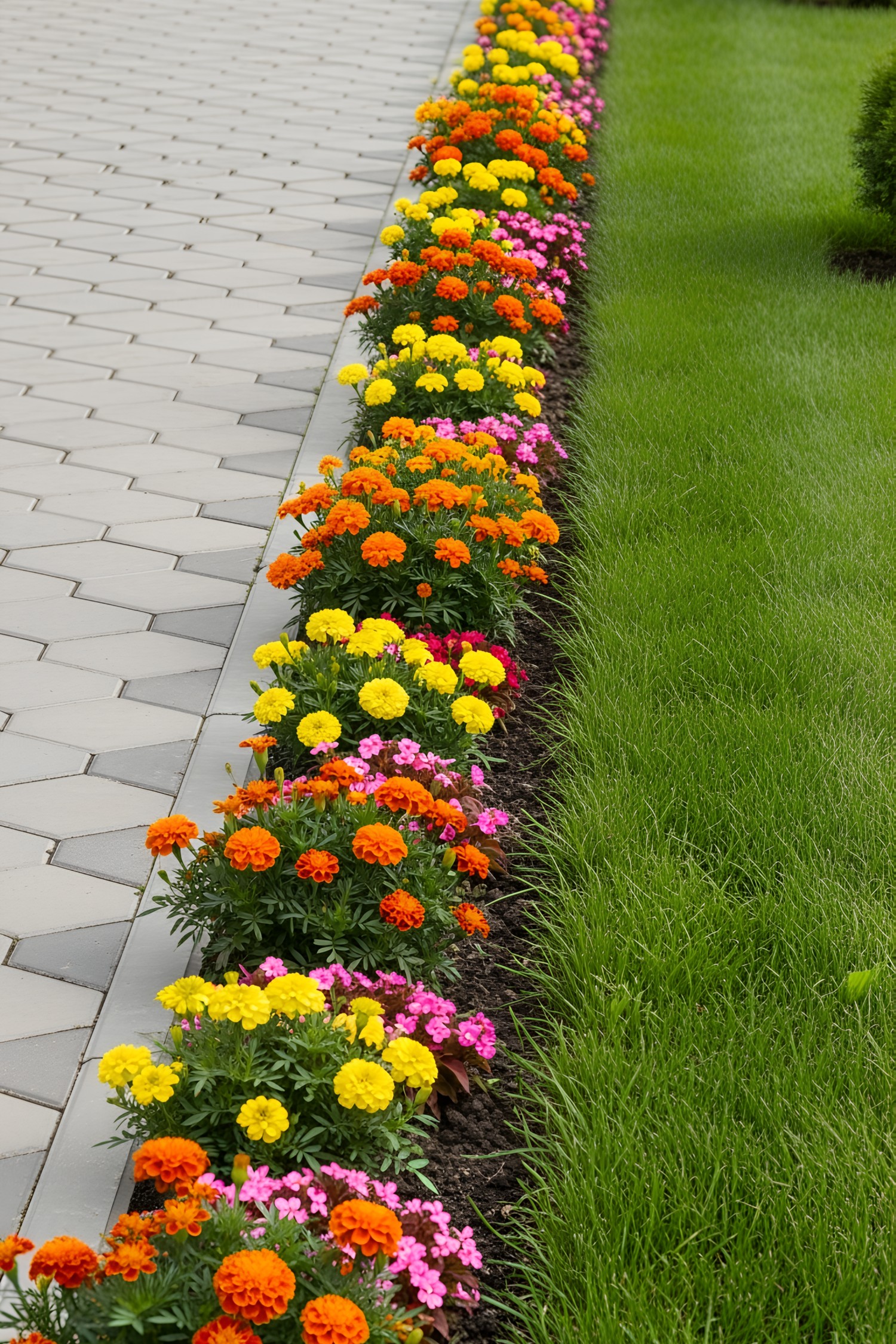 Colorful flowers lining a paved walkway