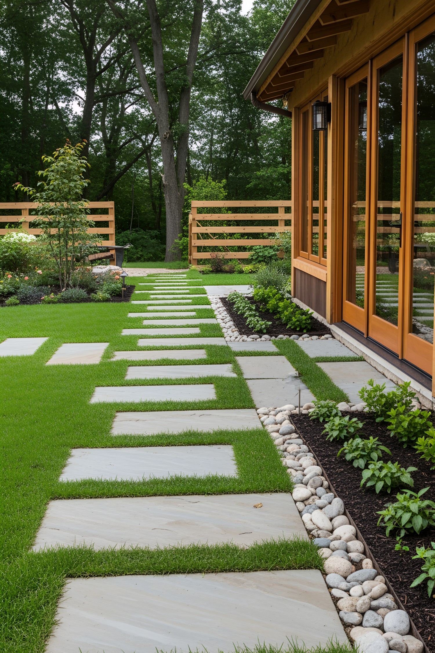Modern garden pathway with rectangular stepping stones and greenery