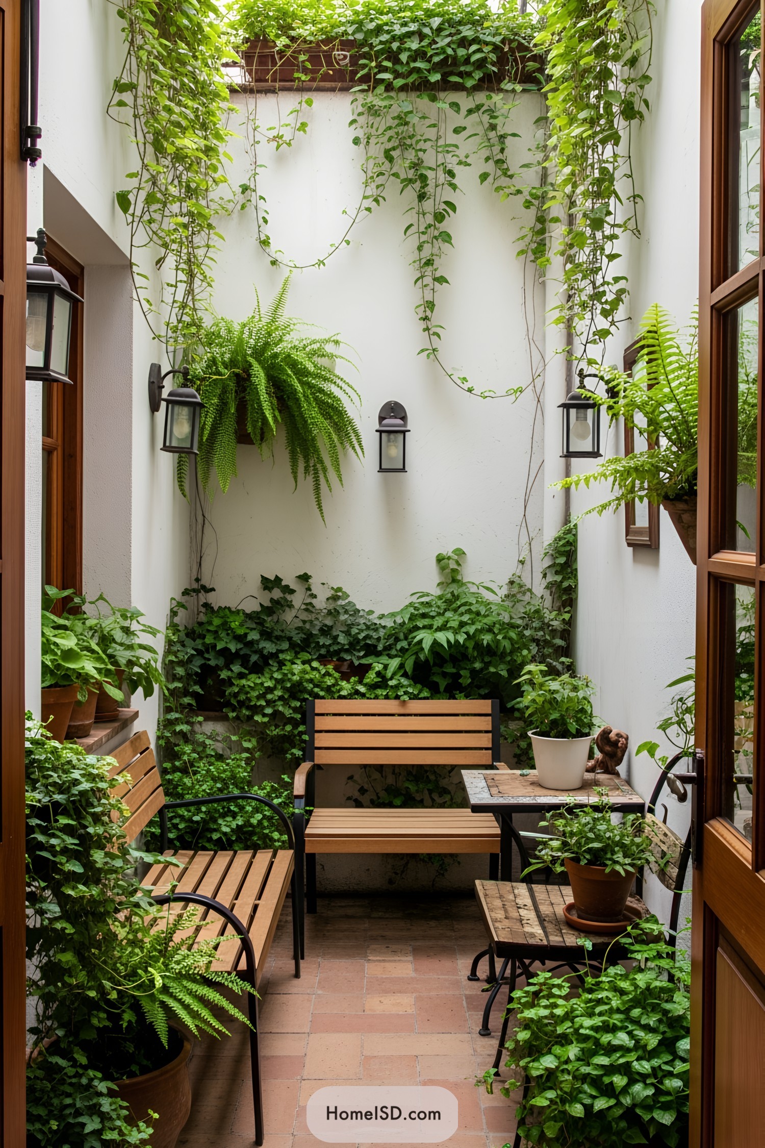 Small garden with dense ferns and climbing plants
