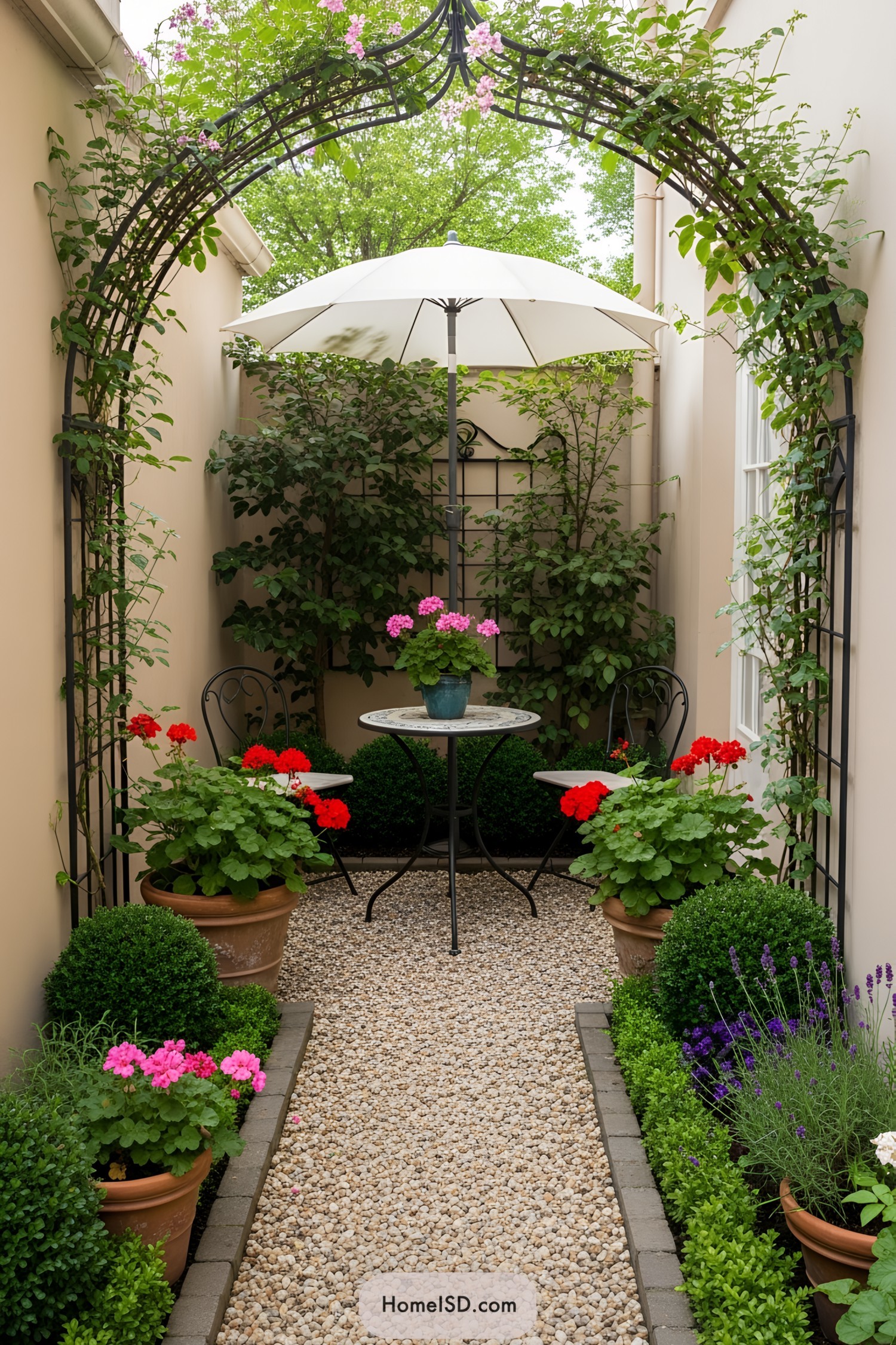 Charming small patio garden with colorful plants and a cozy seating area
