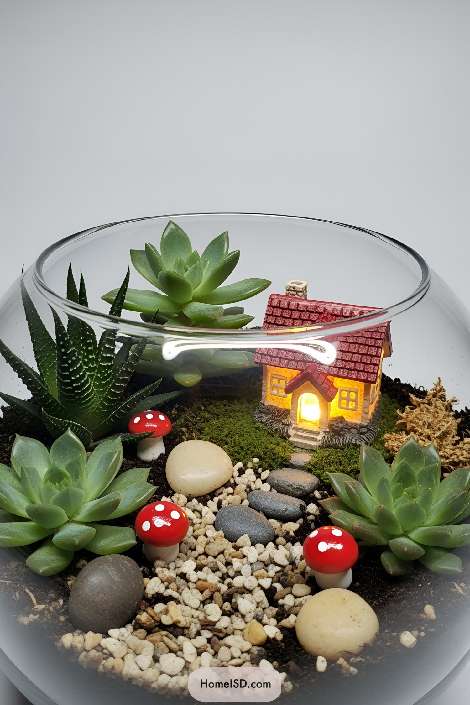 A glass bowl containing a miniature fairy garden with succulents and a glowing cottage