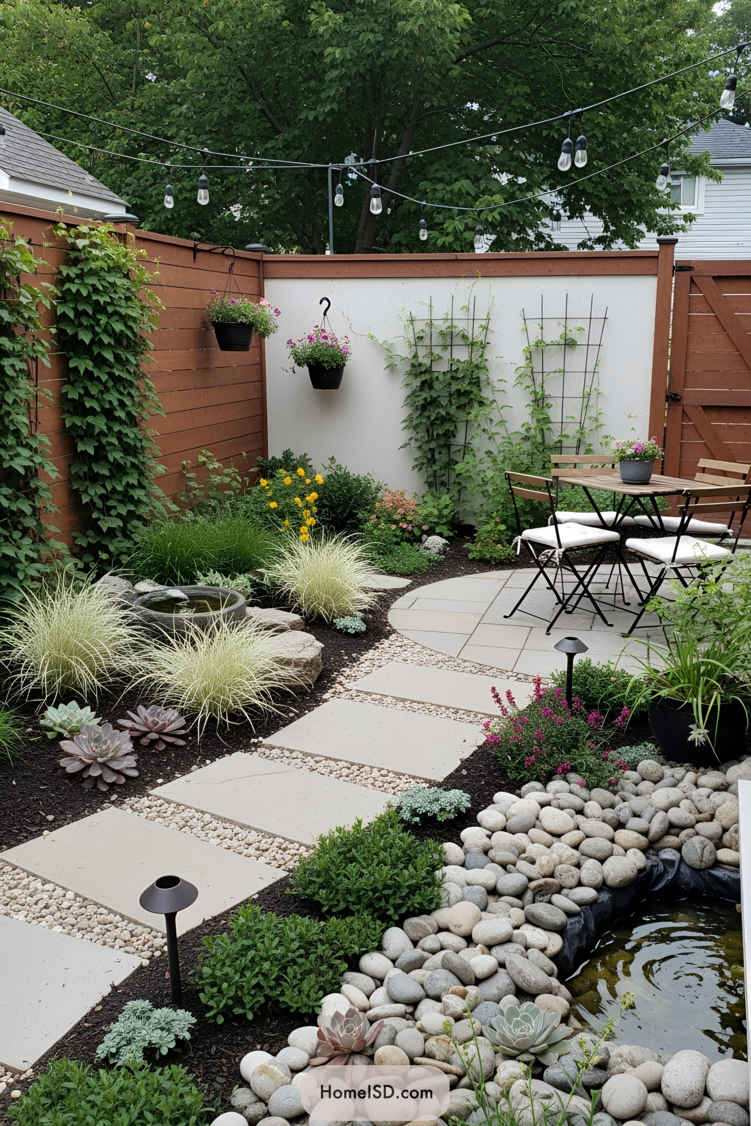 Small garden with stone path, plants, and patio set