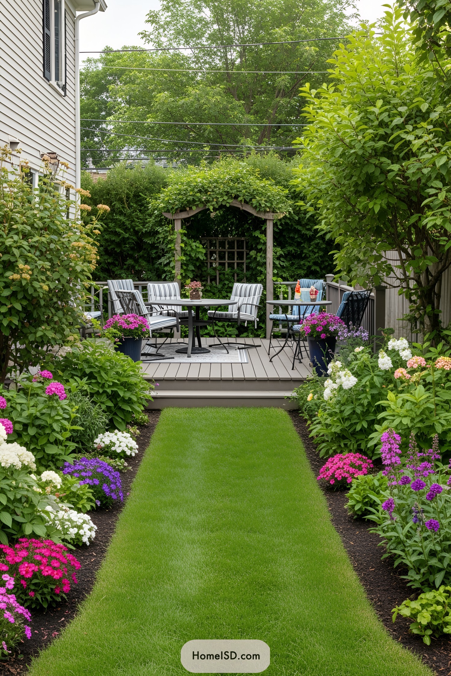 Lush lawn leads to a cozy deck surrounded by vibrant blooms