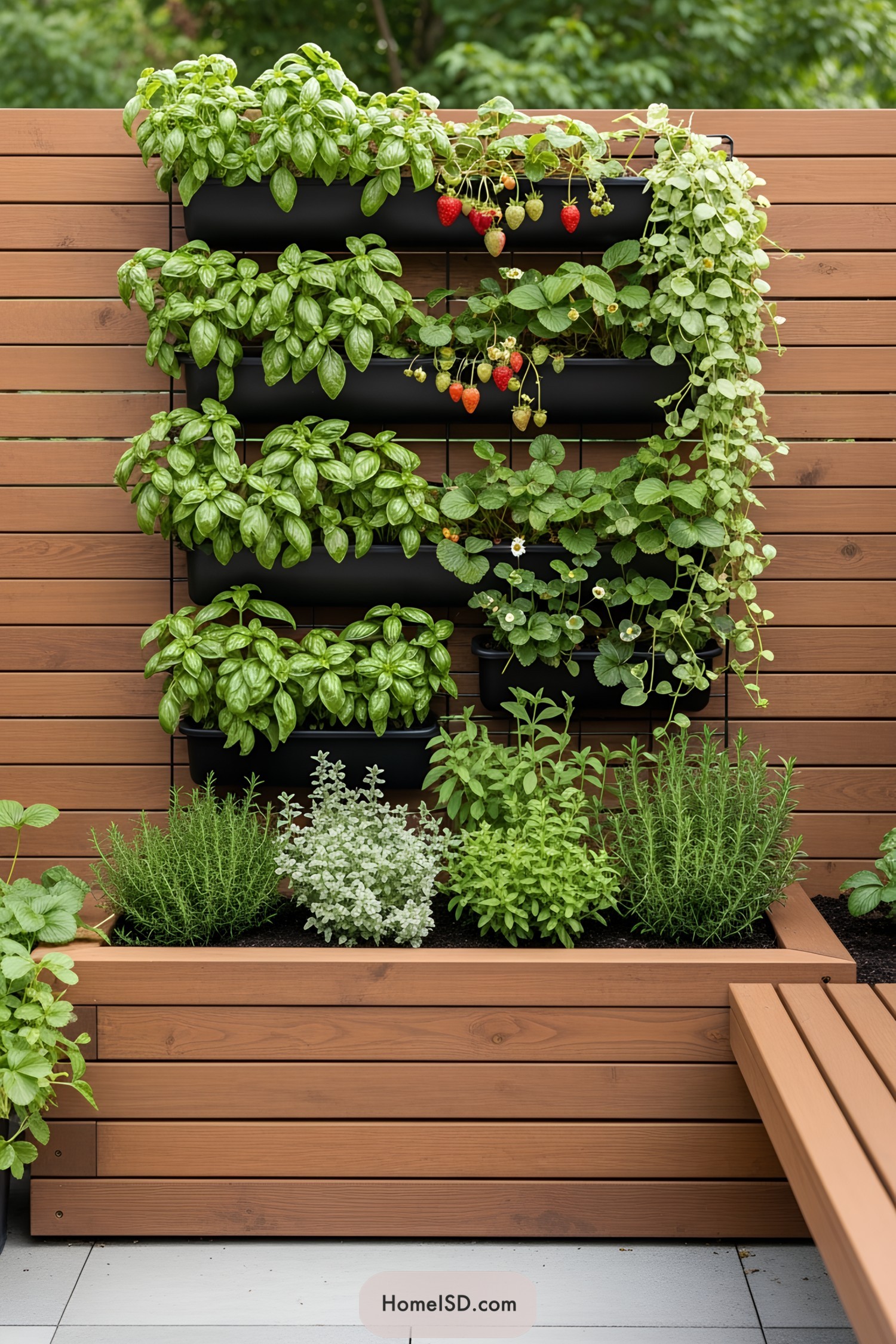 Vertical planters with herbs and strawberries