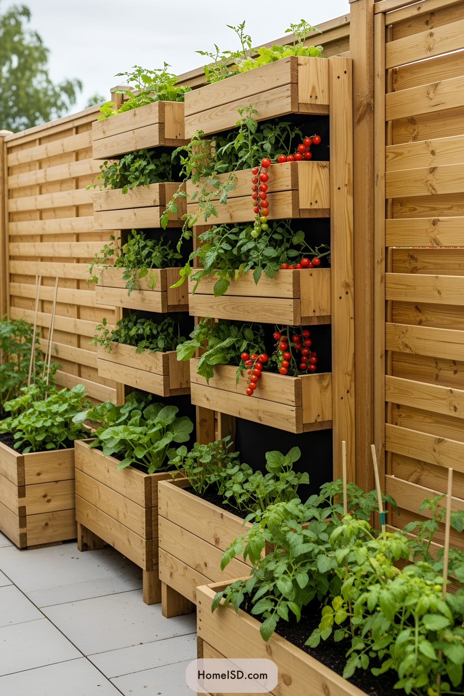 Wooden planters on a wall with lush greens and tomatoes