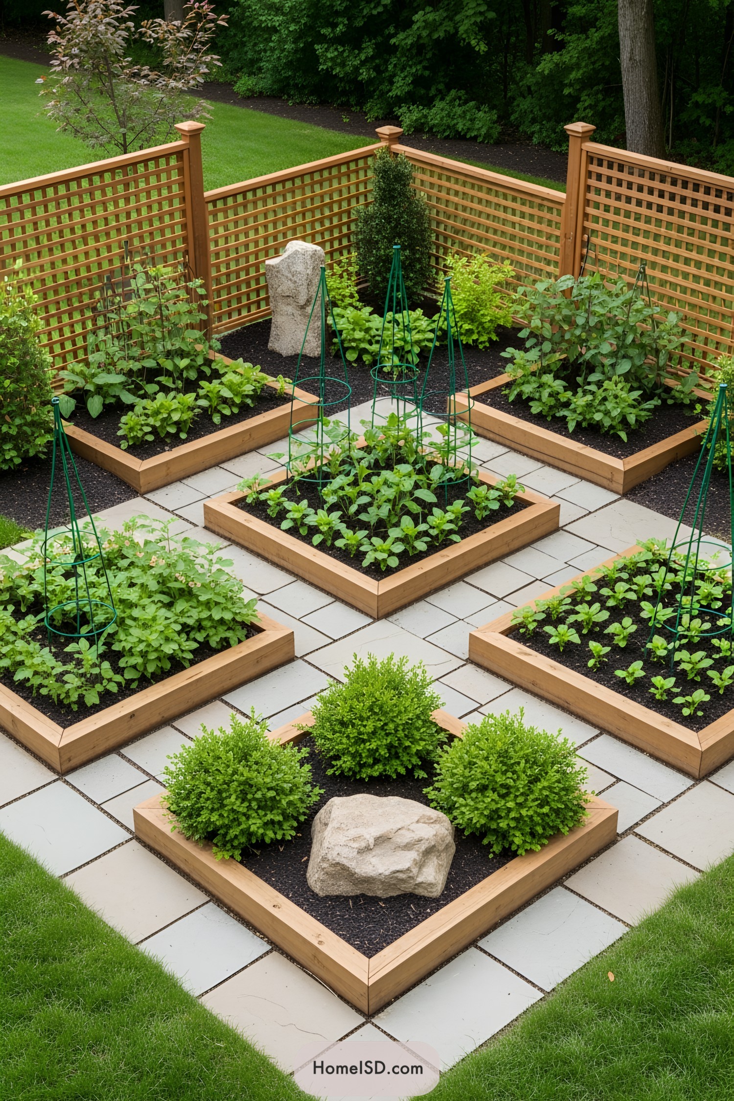 Square garden beds with various vegetables and a central stone feature