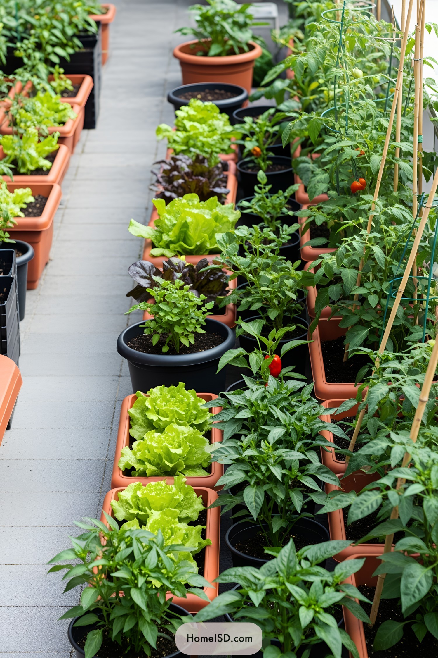 Rows of lush vegetables in pots
