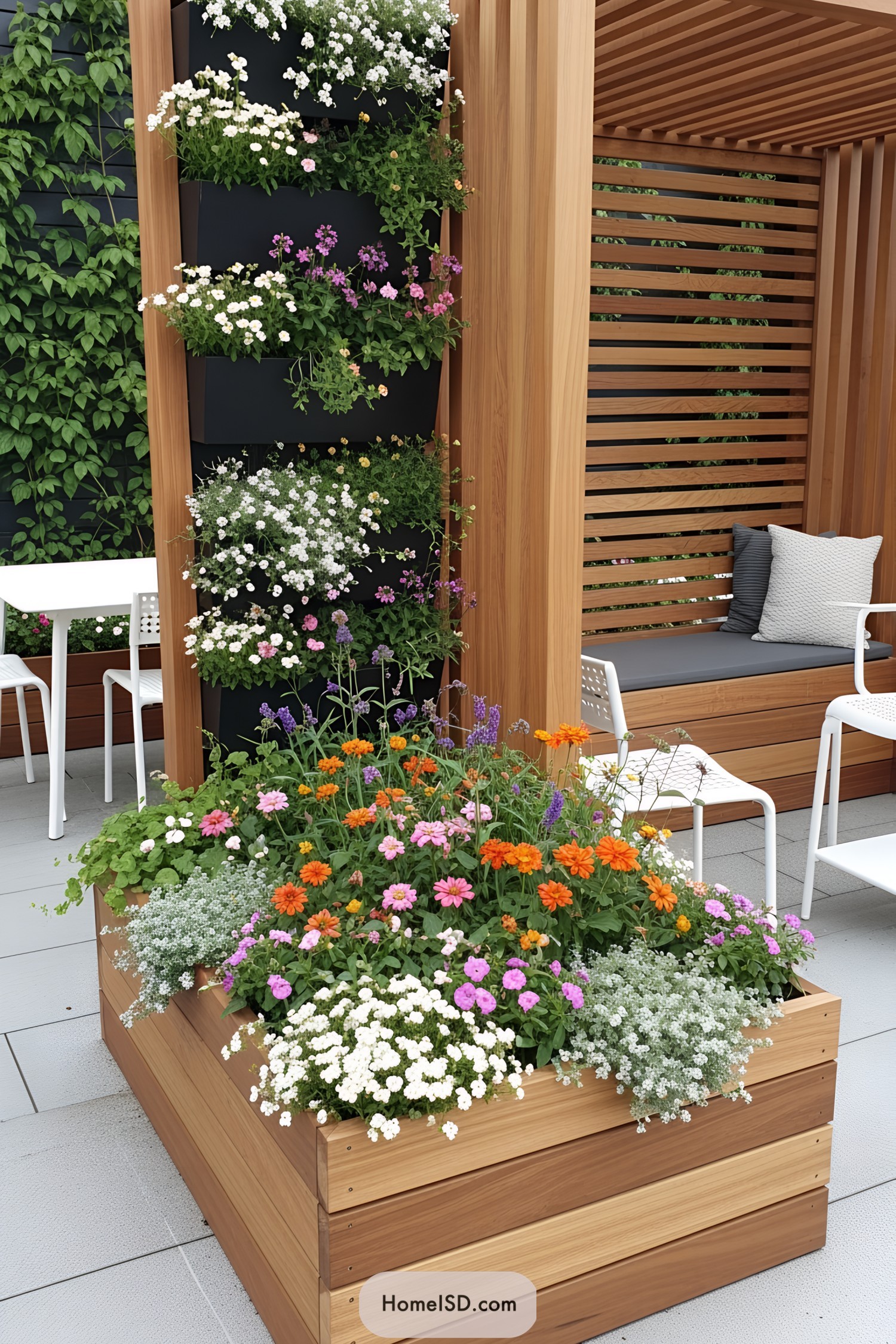 Lush flowers in a vertical garden next to a cozy patio setup