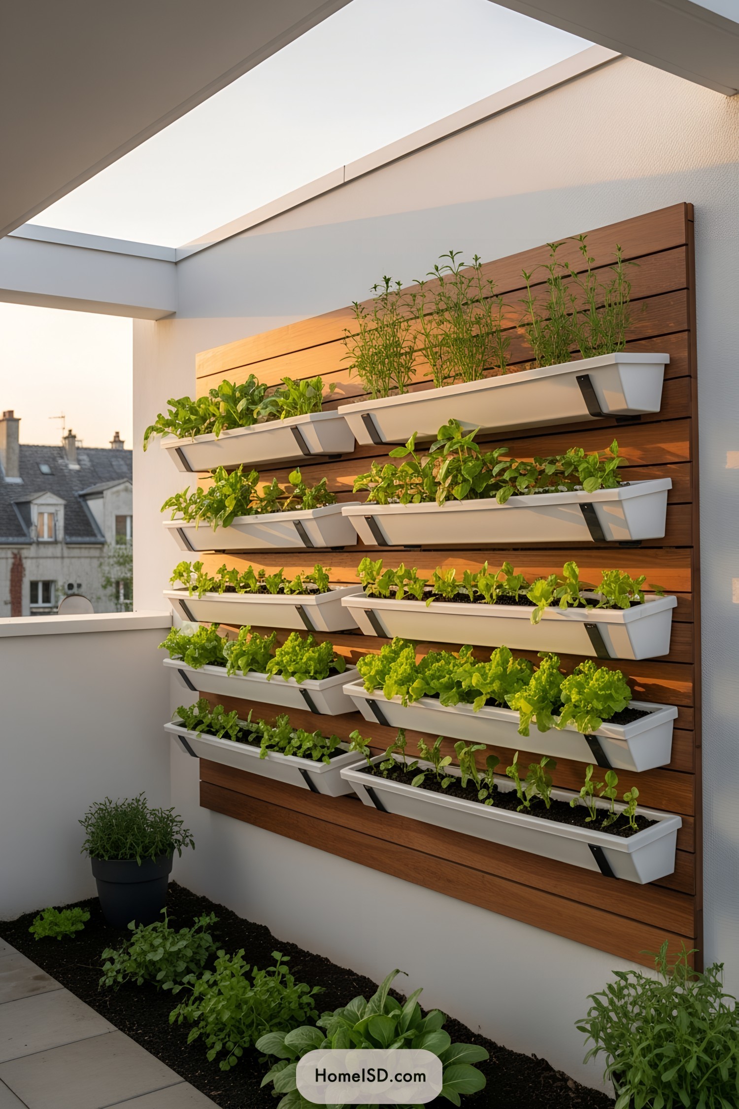 Planter boxes on a wooden wall with assorted greens