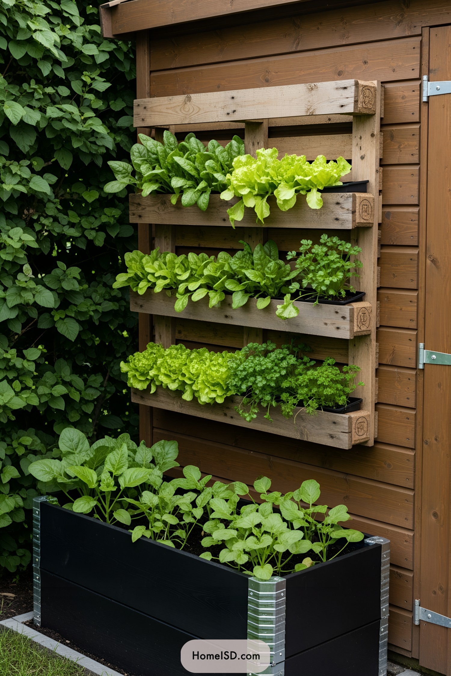 Fresh greens growing vertically on a wooden pallet wall with a raised planter