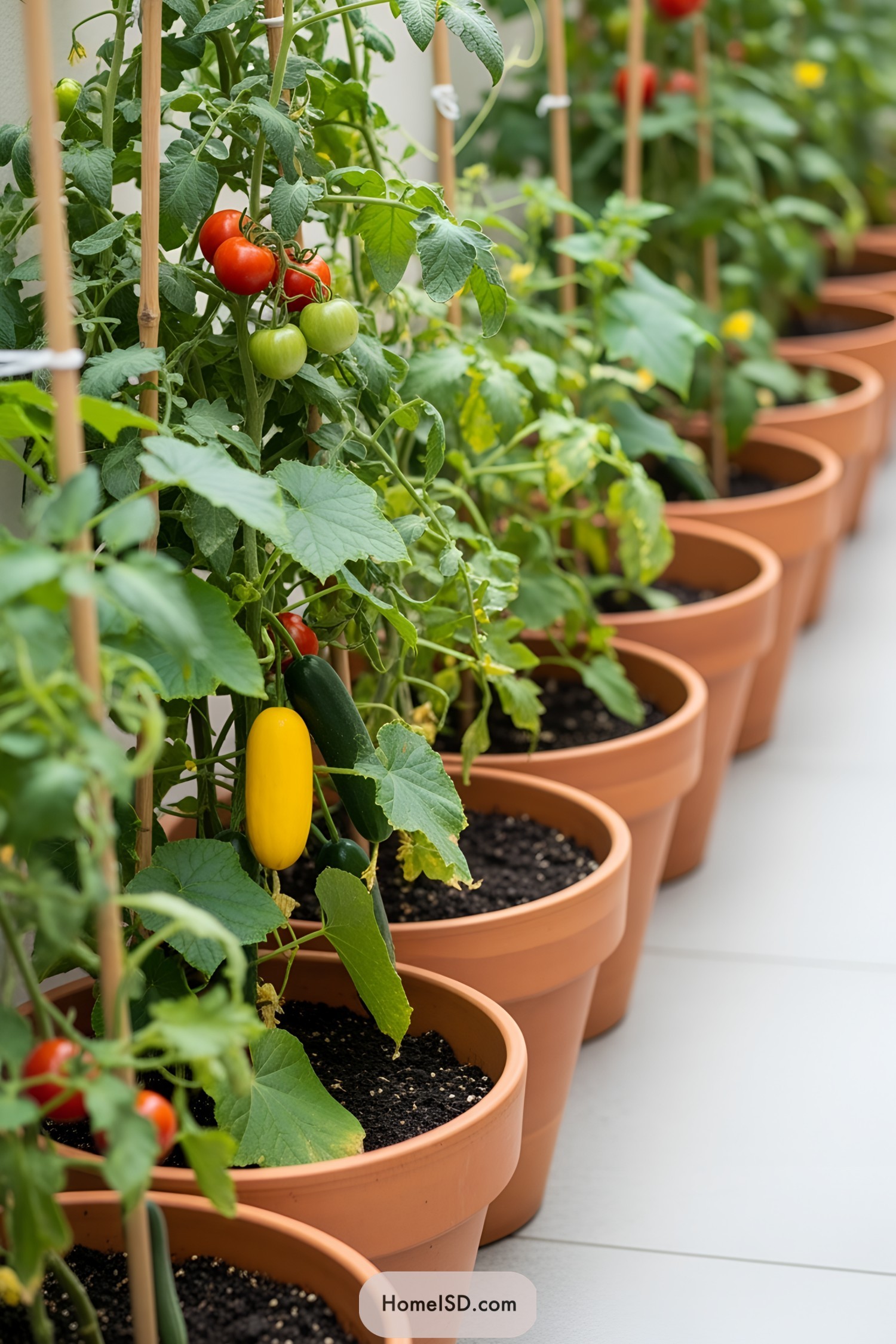 Potted vegetables lined up in a row