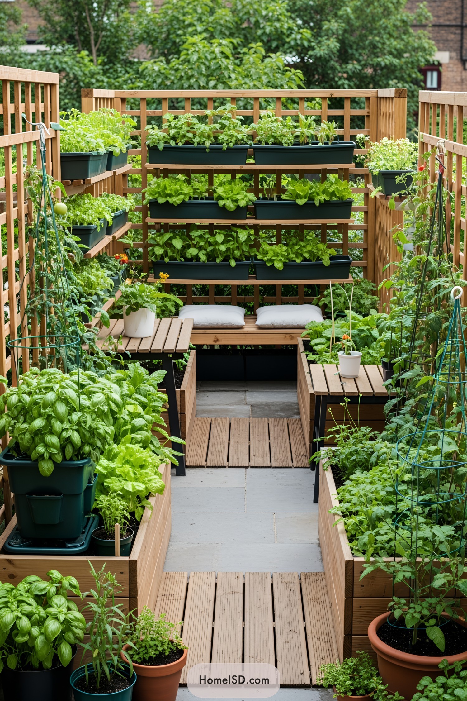 Compact garden with lush herbs and vegetables in wooden planters